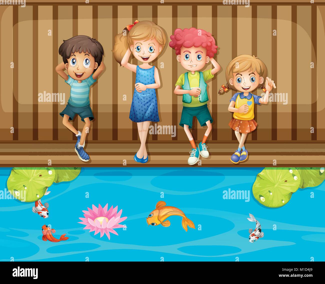 Four Children Having Fun By The Fish Pond Illustration Stock Vector