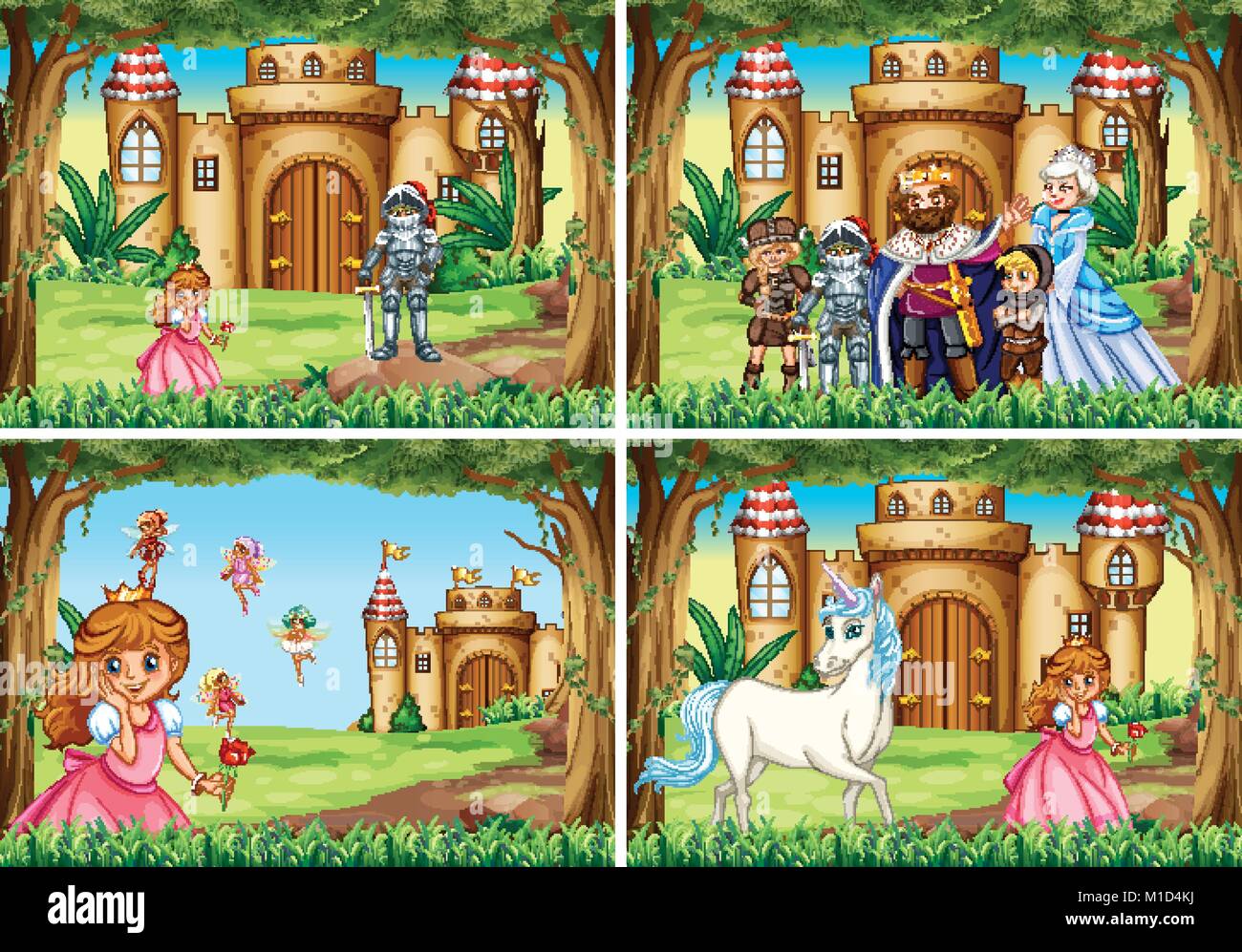 Four background scene with princess and knight by the palace ...