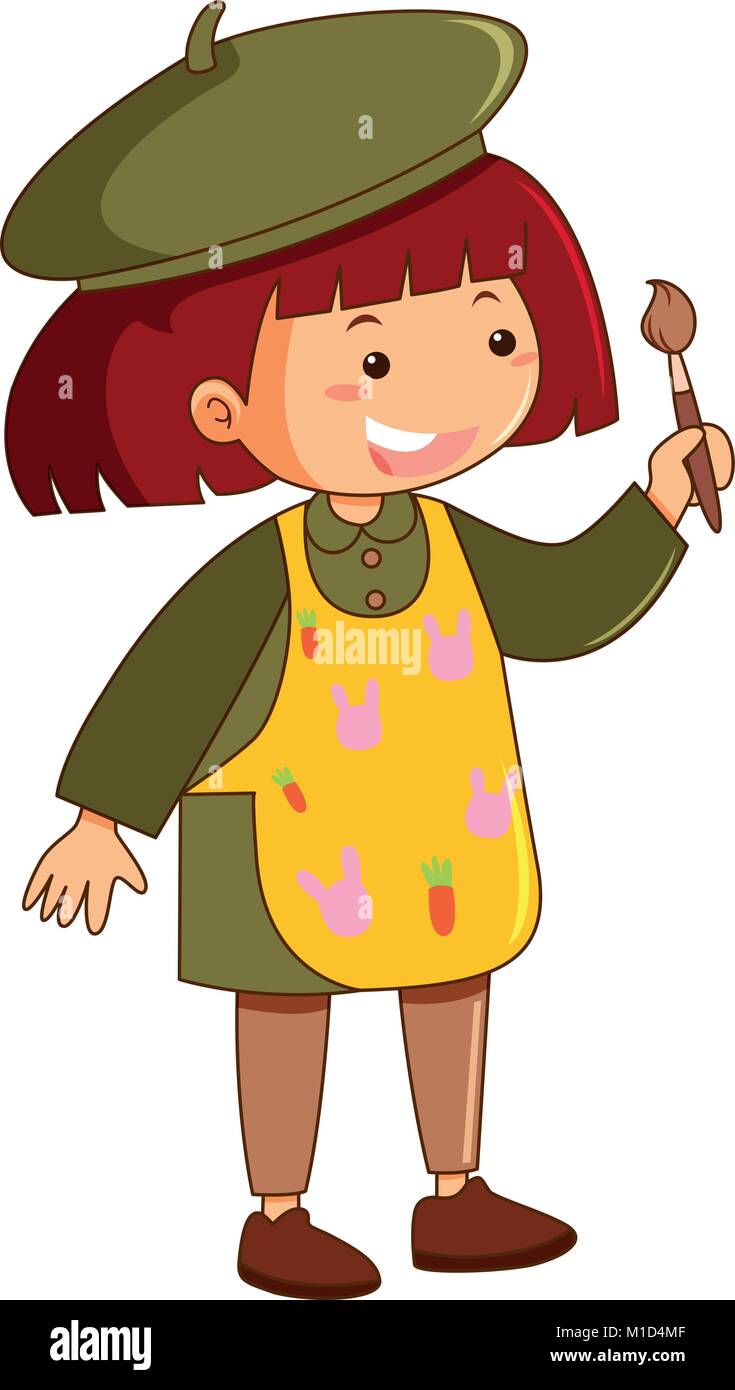 Little girl with apron and paintbrush illustration Stock Vector Image