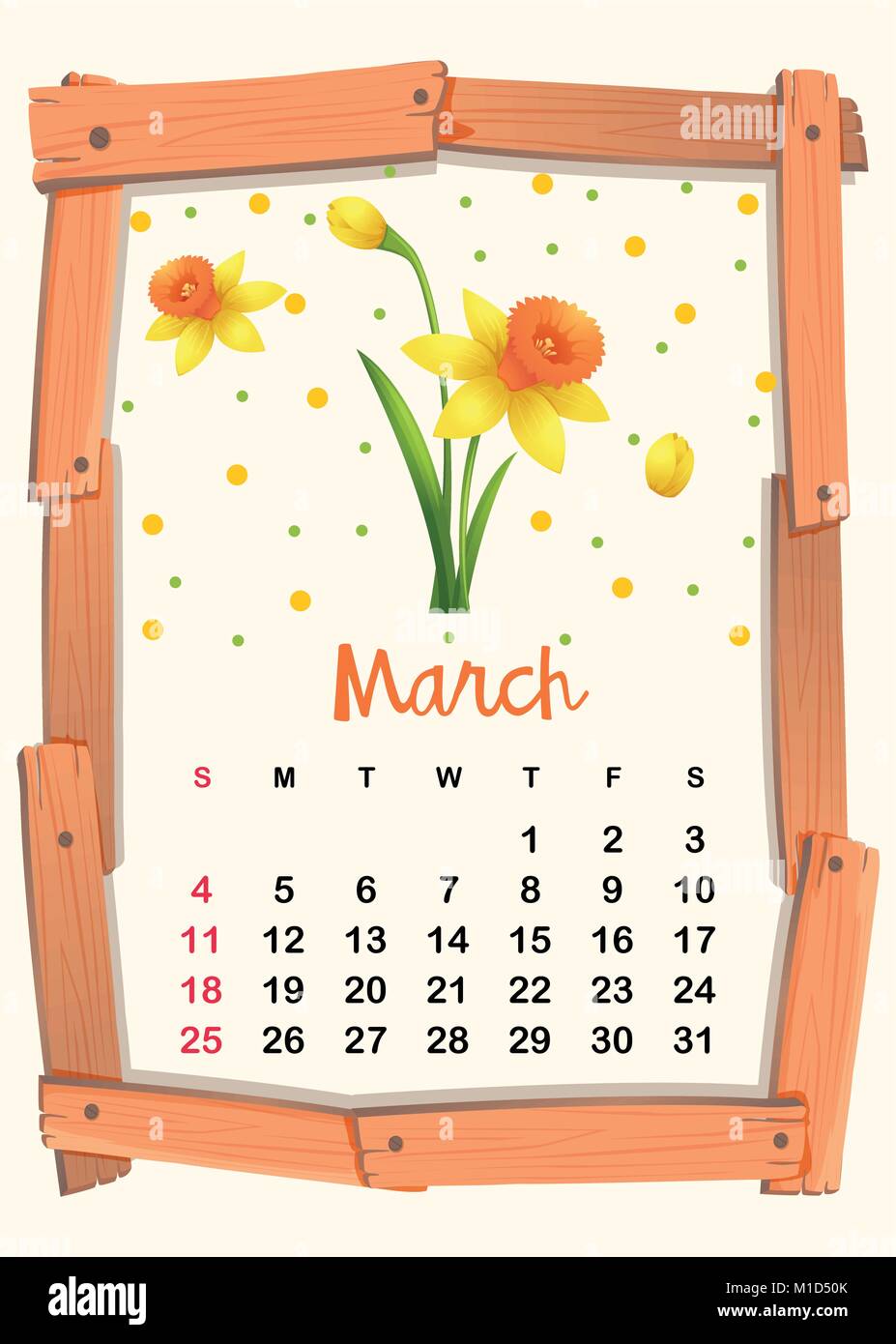 Calendar template for March with yellow flower illustration Stock ...