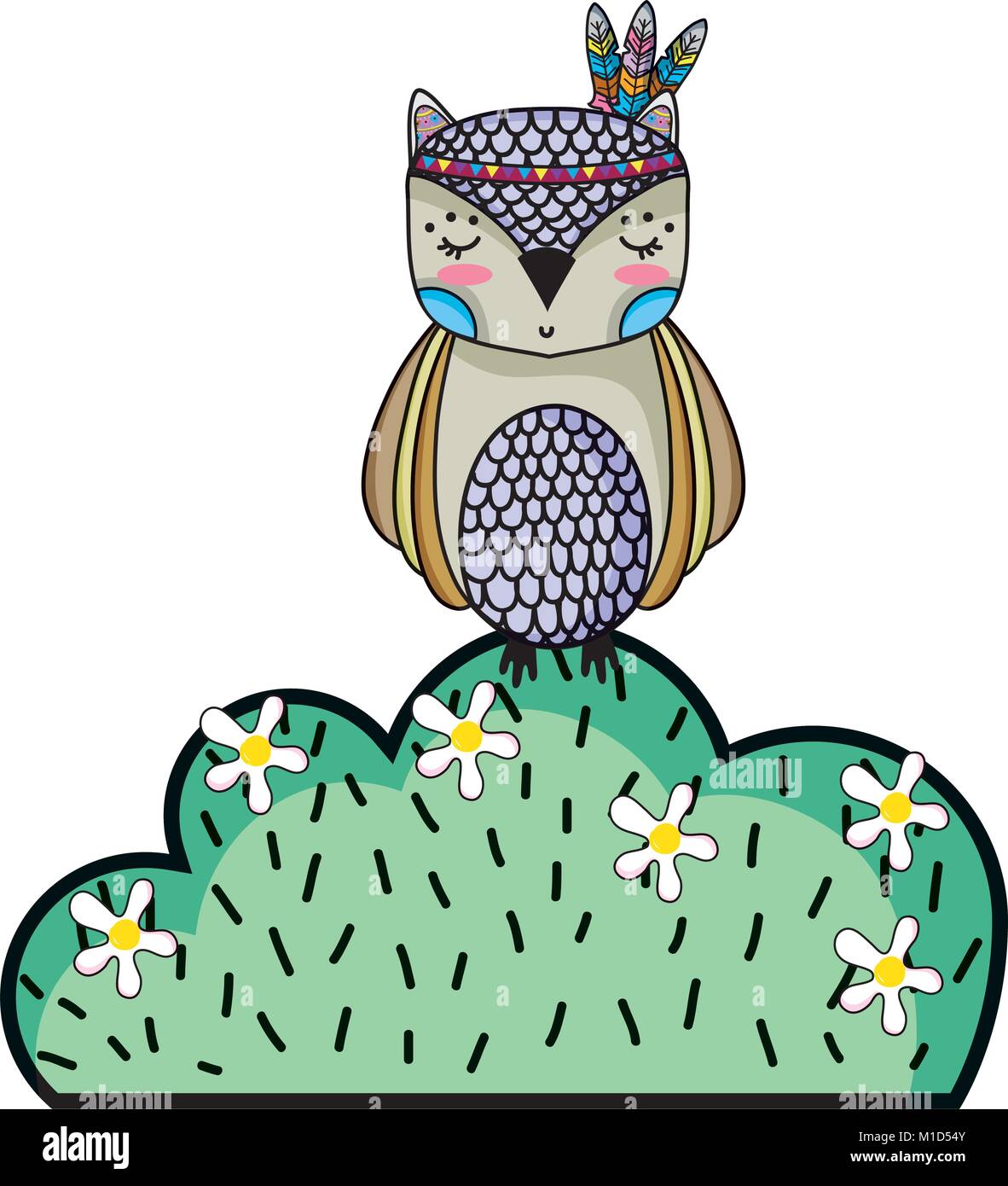 ethnic owl animal in bursh with flowers vector illustration Stock ...