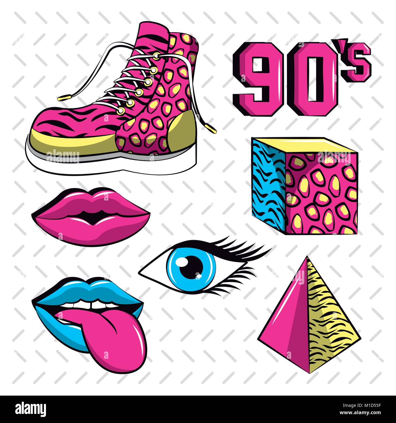 Collection of colorful stickers, icons in 90s style. Retro set from the era  of the 90s. Vintage tetris, tamagotchi, cassette,roller skates,diskette  Stock Vector Image & Art - Alamy