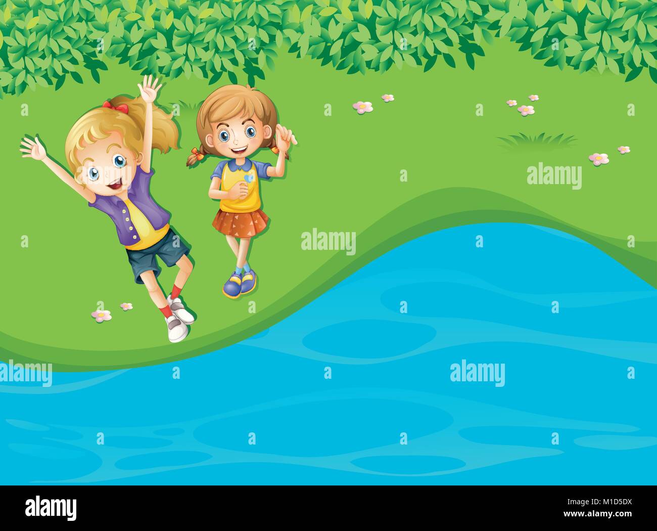 Two happy girls by the river illustration Stock Vector Image & Art - Alamy