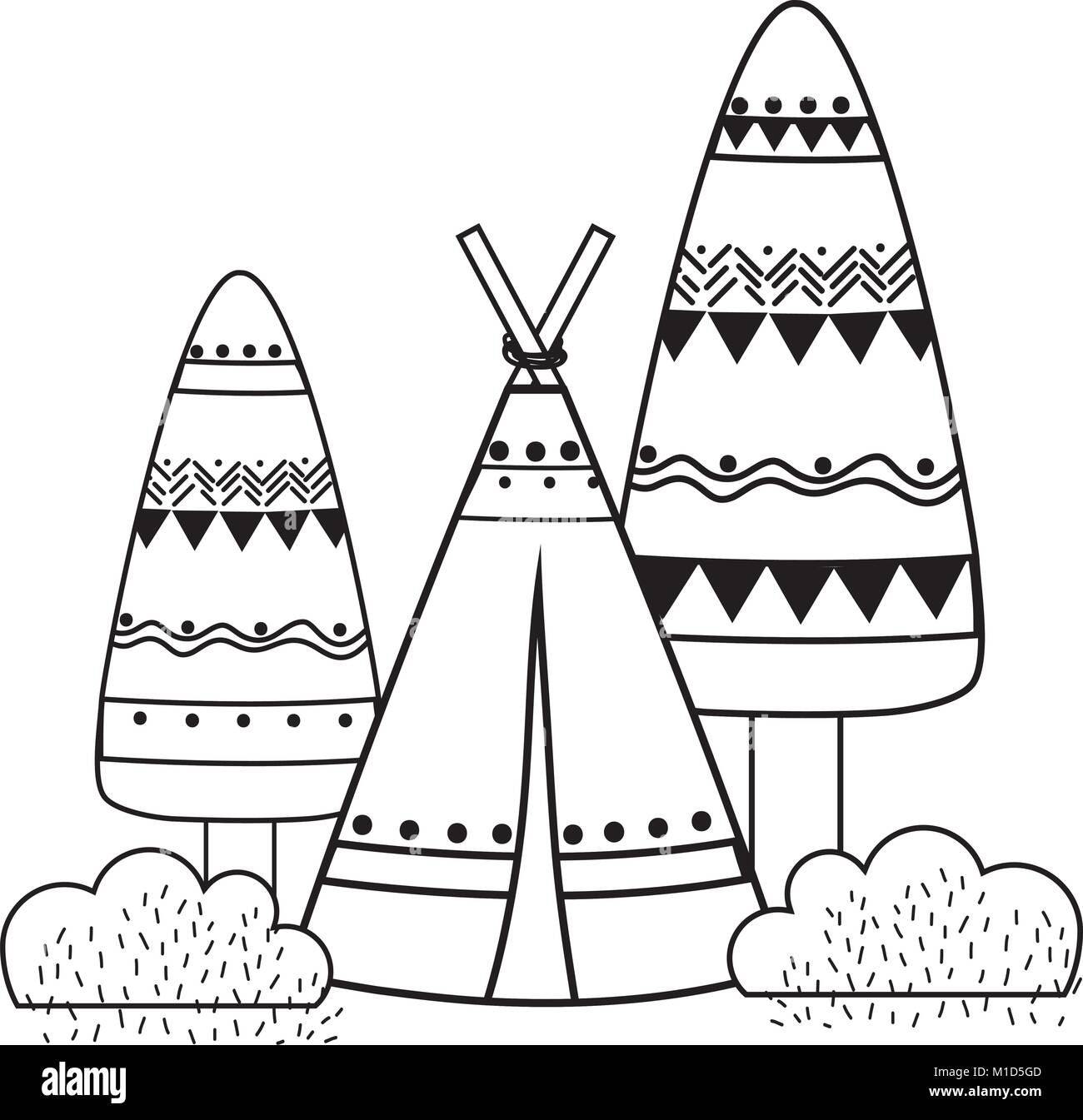 line ethnic camp with trees and bushes plant vector illustration Stock ...