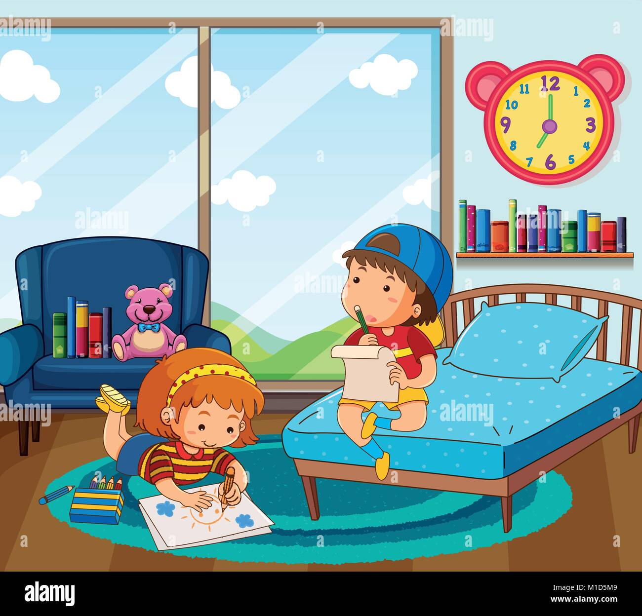 Boy And Girl Drawing Picture In Bedroom Illustration Stock Vector Image Art Alamy