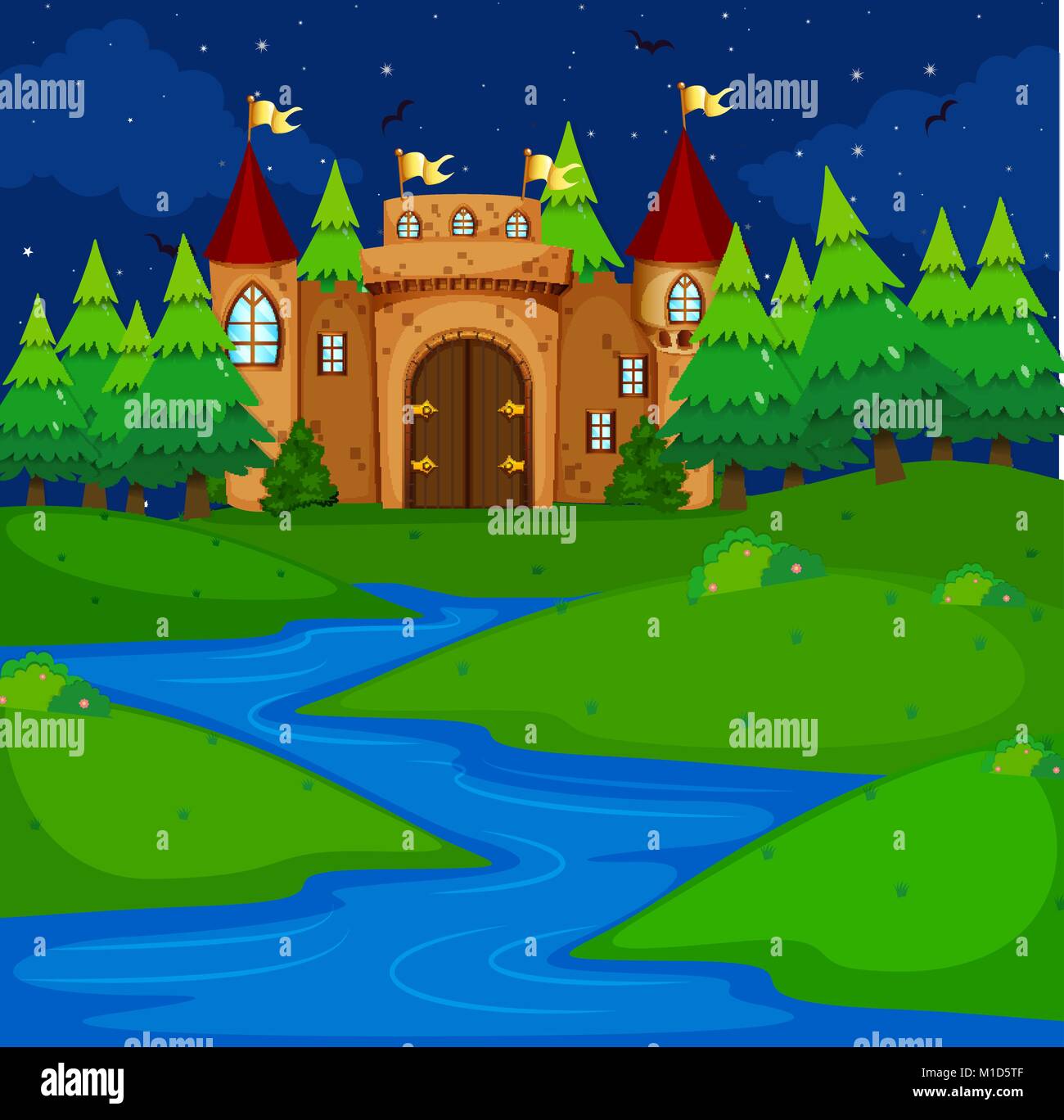 Castle tower in the field at night time illustration Stock Vector Image ...