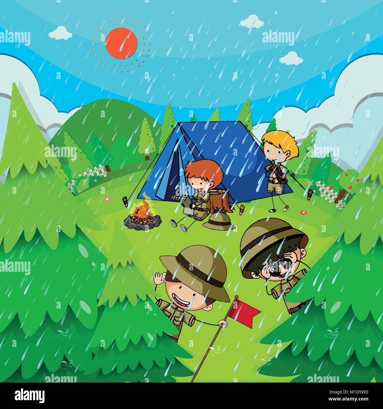 Children camping in park on rainy day illustration Stock Vector Image ...