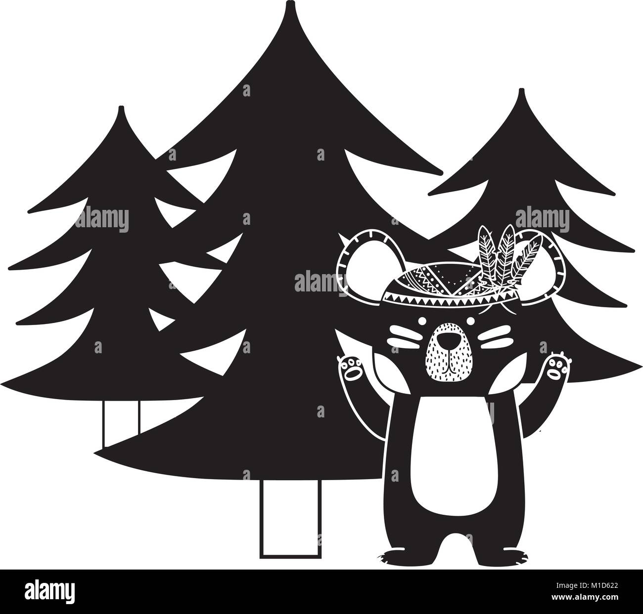 silhouette ethnic bear animal with pine trees vector illustration Stock ...