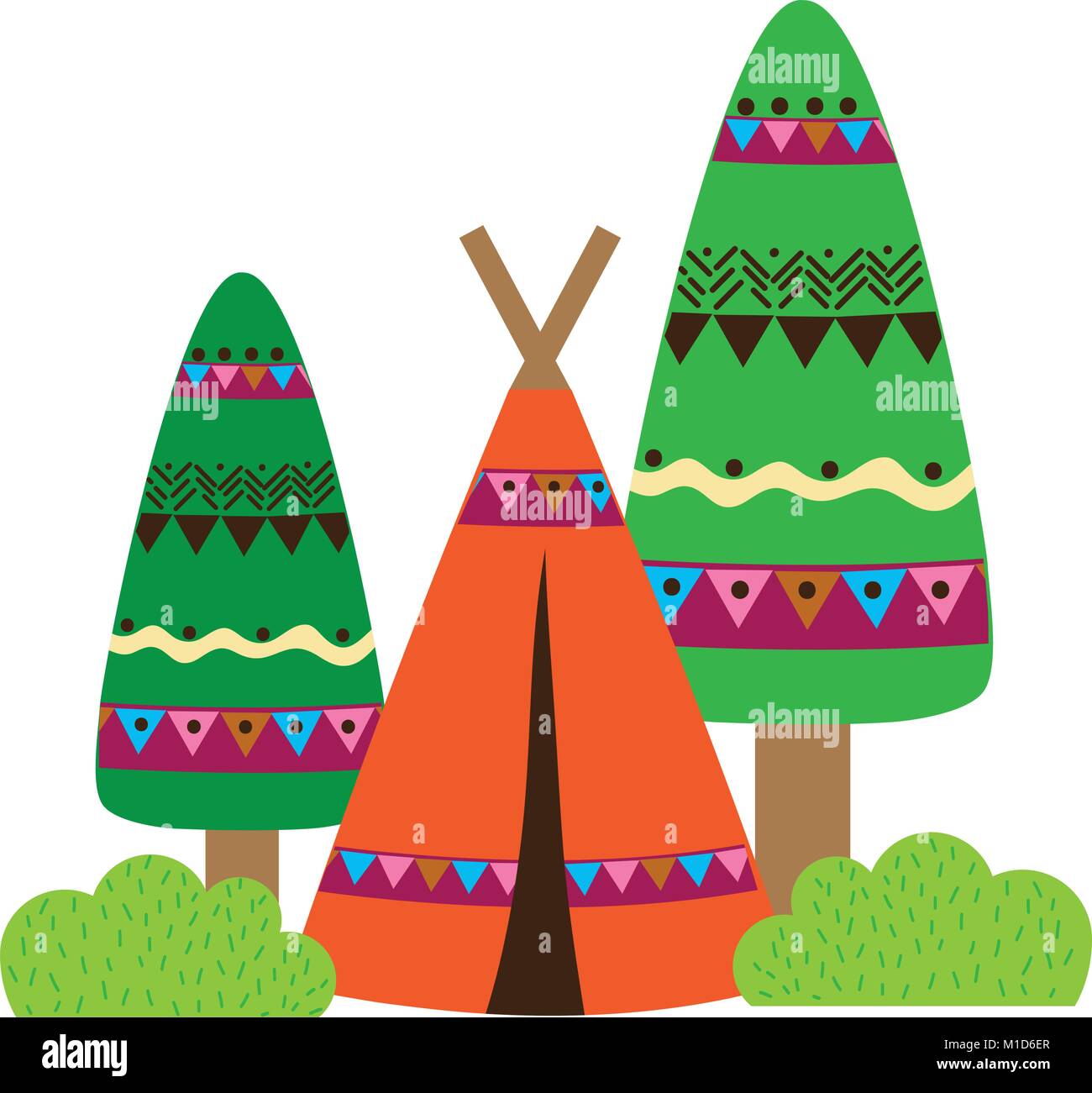 colorful ethnic camp with trees and bushes plant vector illustration ...