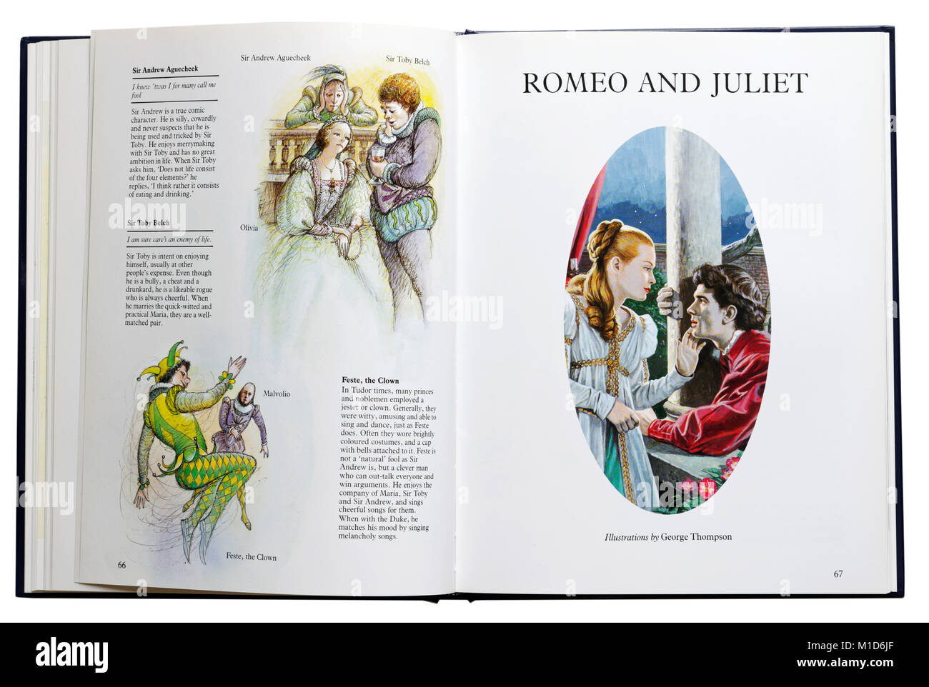 An illustrated book of Shakespeare's plays open at characters of Twelfth Night and Romeo and Juliet Stock Photo