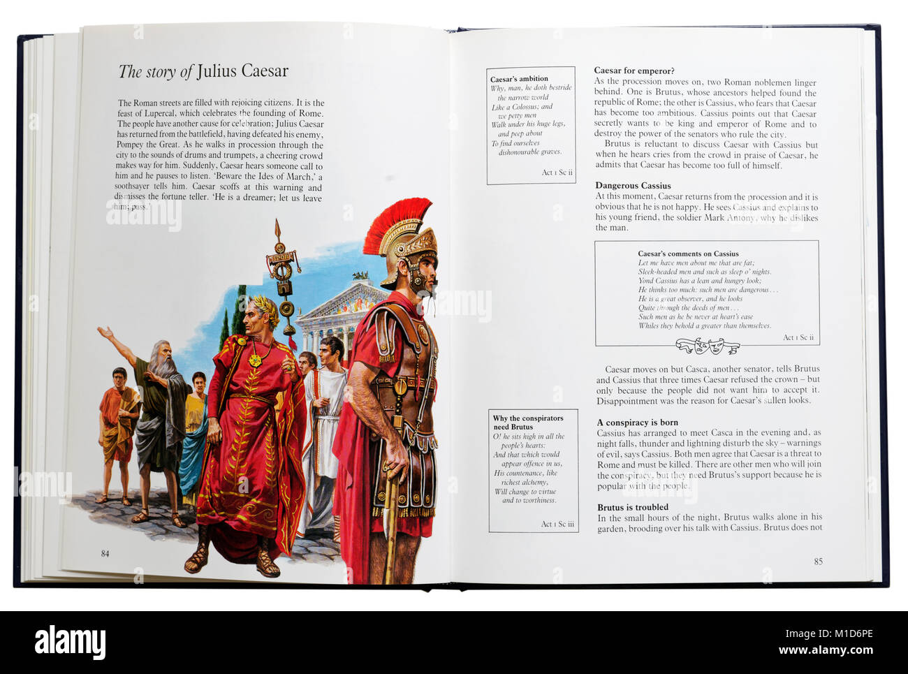An illustrated book of Shakespeare's plays open at a plot summary of Julius Caesar Stock Photo