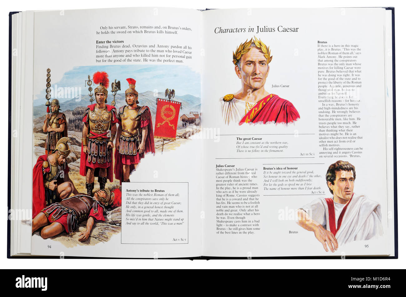 An illustrated book of Shakespeare's plays open at the characters of Julius Caesar Stock Photo