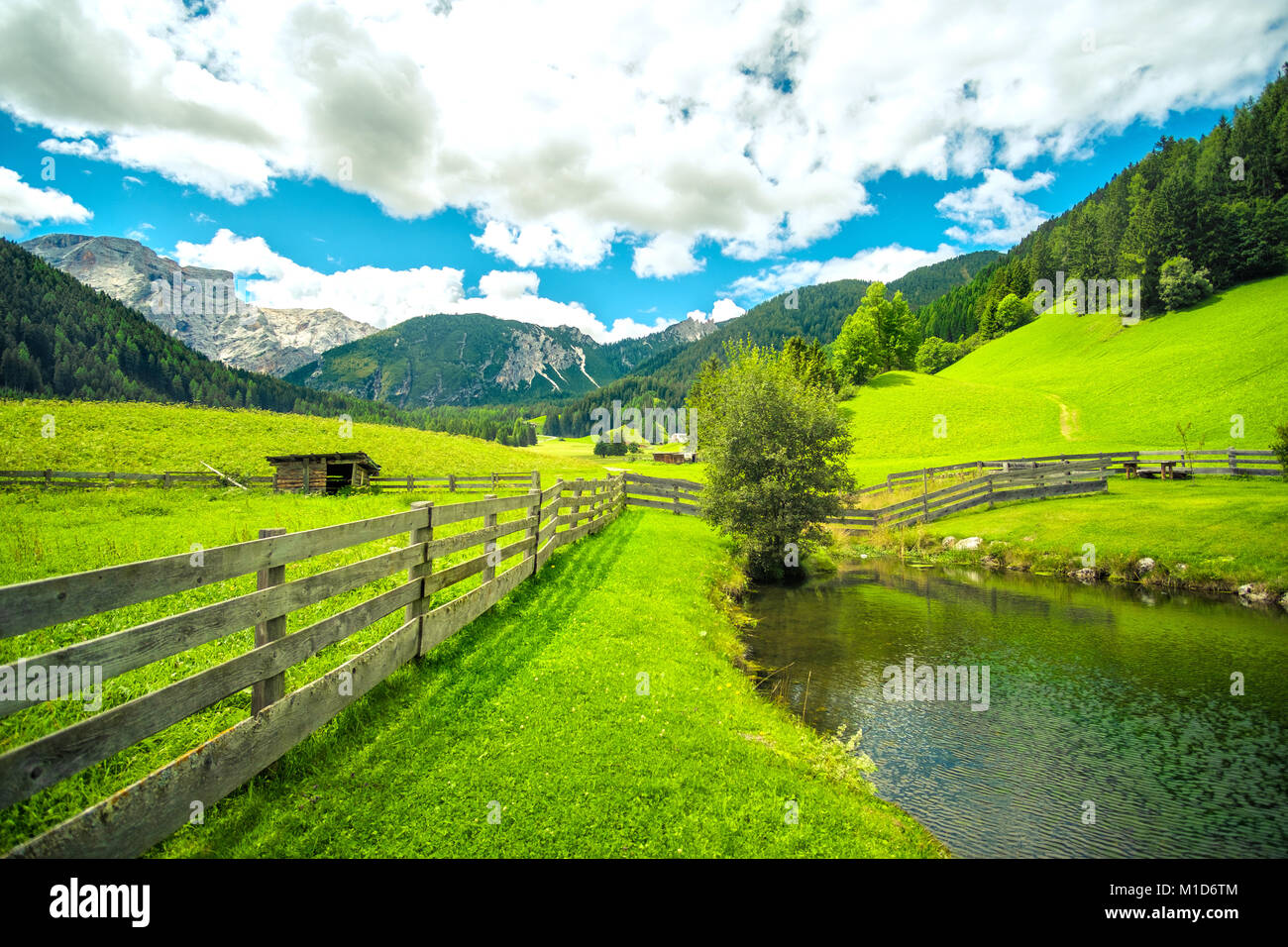 Mountain Landscape Pond Lake Wooden Fence Green Grass Wide Angle Stock Photo Alamy