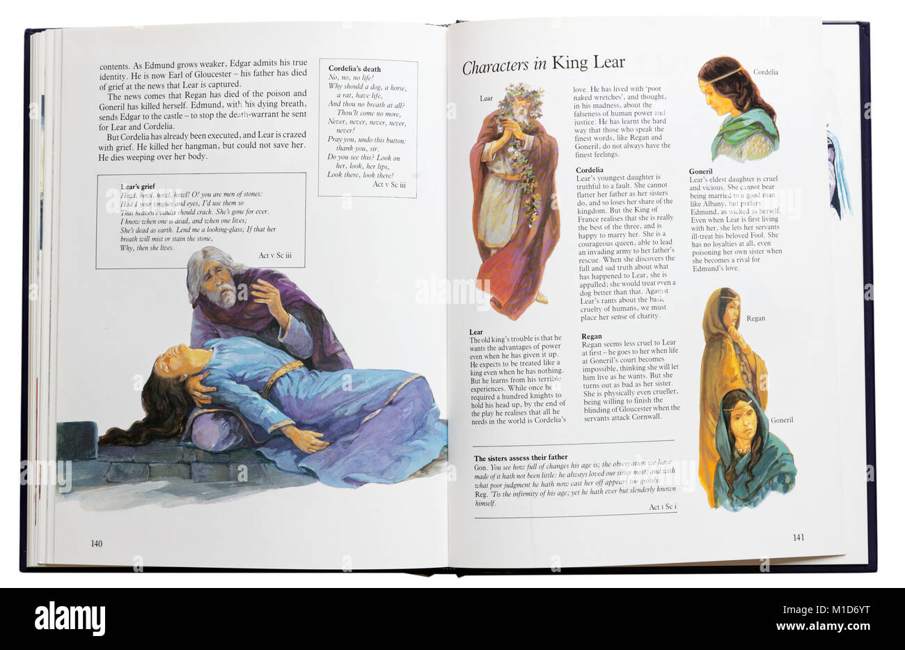 An illustrated book of Shakespeare's plays open at the characters of King Lear Stock Photo