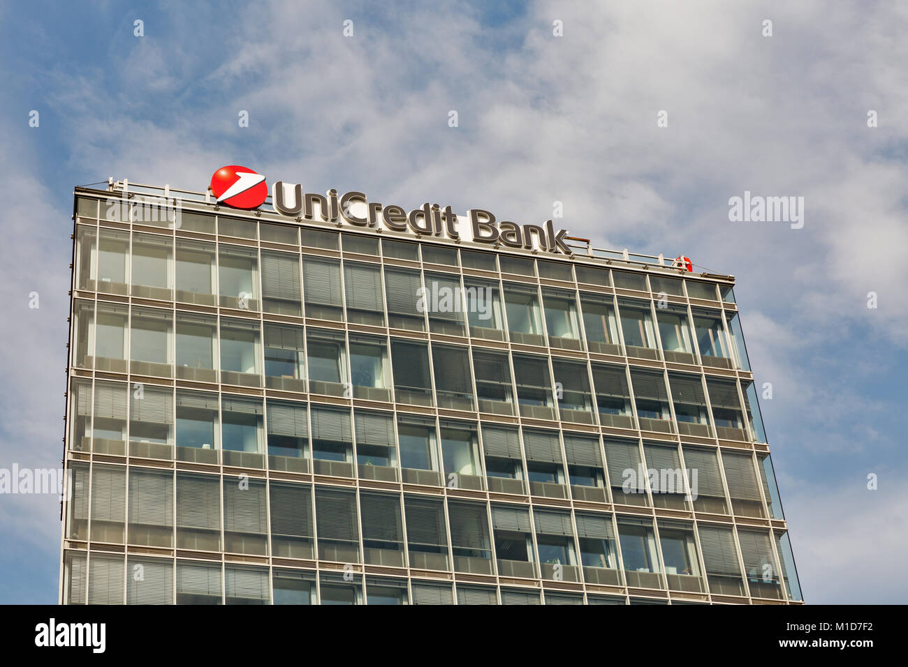 BRATISLAVA, SLOVAKIA - SEPTEMBER 26, 2017: Unicredit bank logo on top of the office building. Unicredit S.p.A. is one of the biggest Italian and Europ Stock Photo