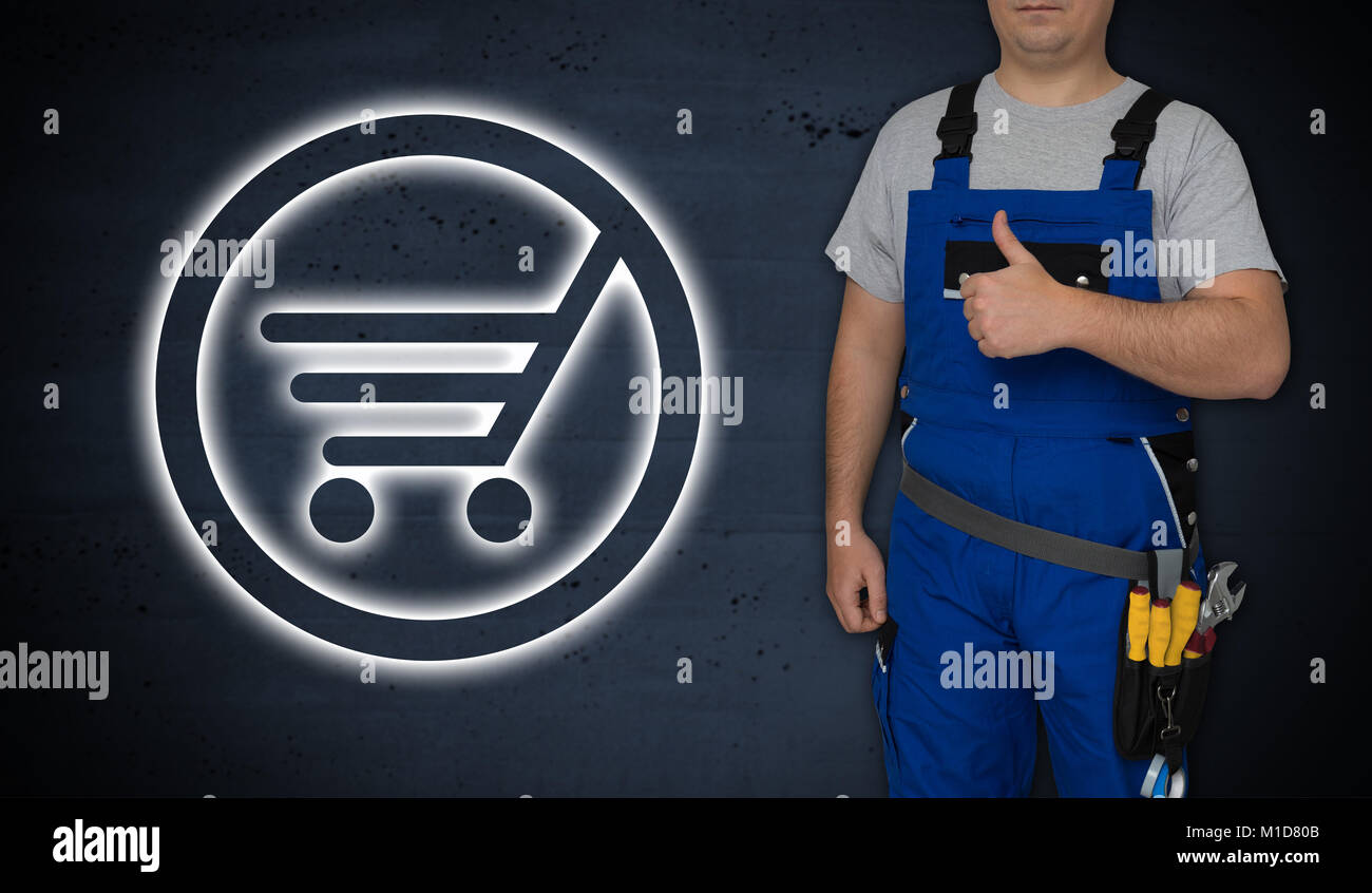 Shopping cart icon and craftsman with thumbs up. Stock Photo