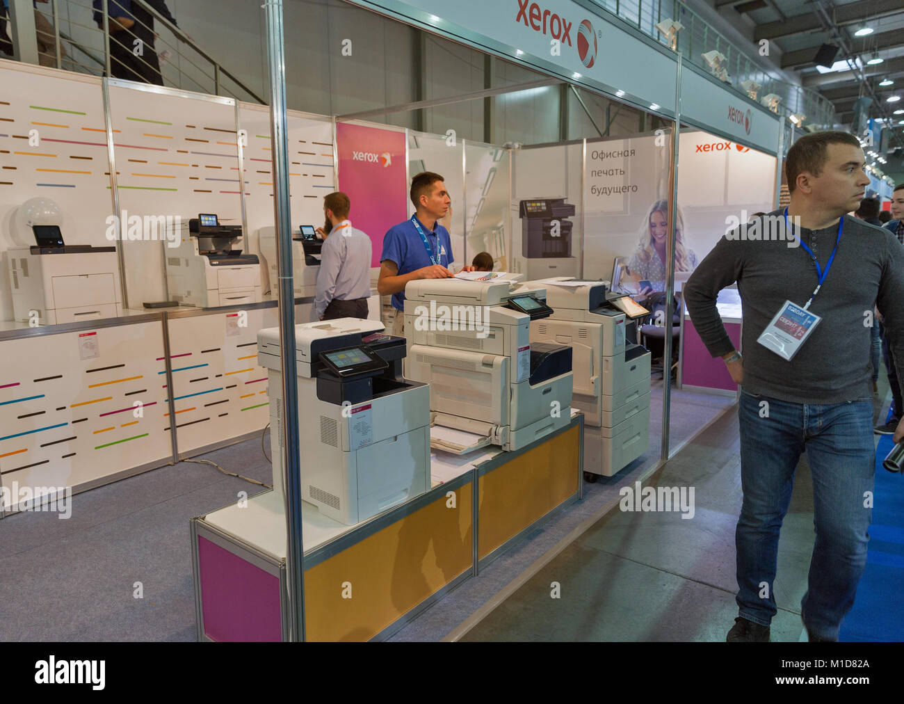 KIEV, UKRAINE - OCTOBER 07, 2017: People visit Xerox, American global corporation that sells print and digital document solutions booth at CEE 2017, e Stock Photo