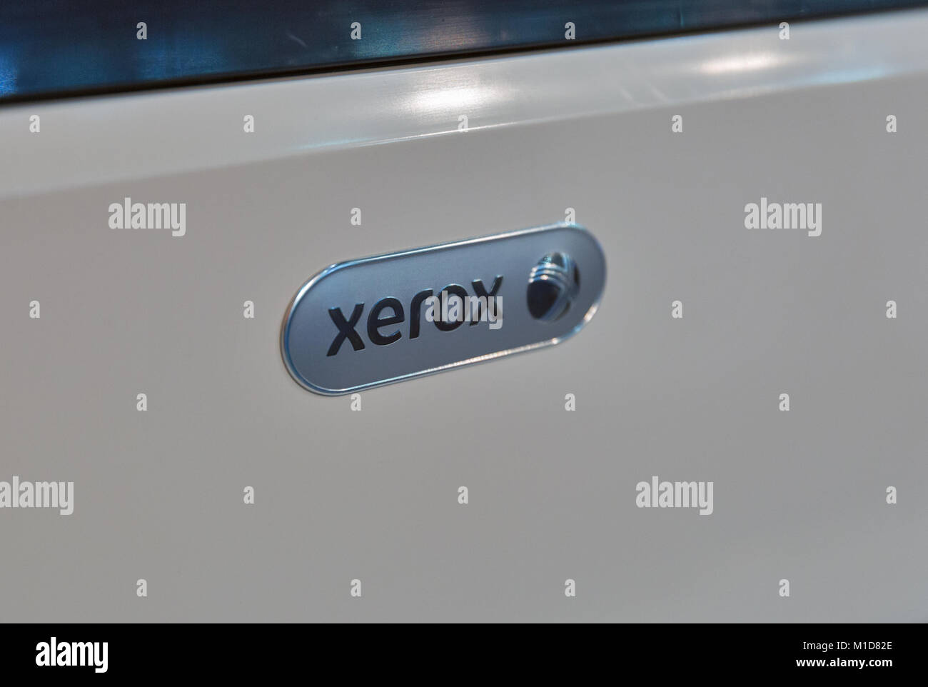 KIEV, UKRAINE - OCTOBER 07, 2017: Xerox logo, American electronics company that sells document solutions, booth at CEE 2017, the largest electronics t Stock Photo
