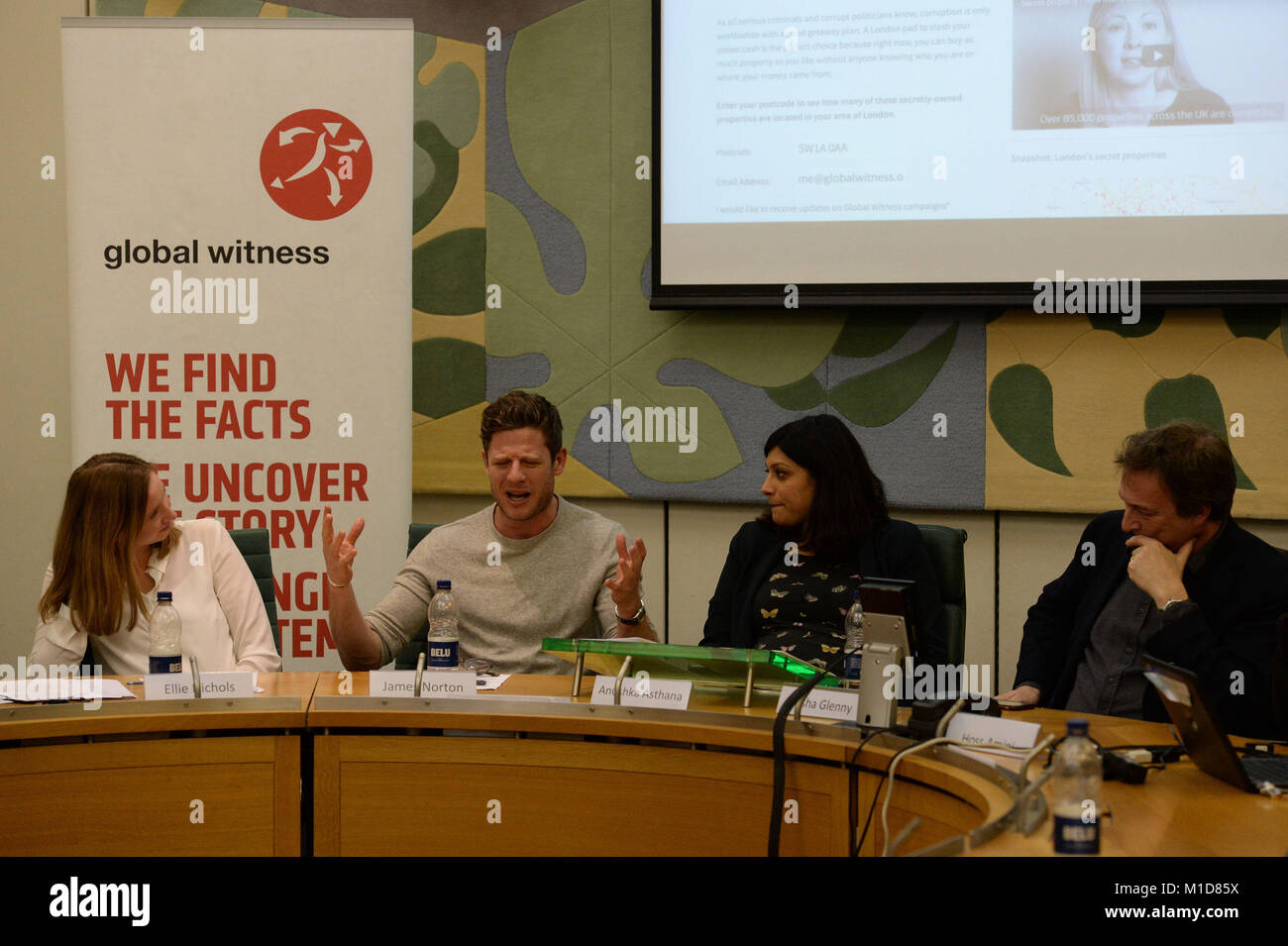 (Left to right) Global Witness campaigns leader Ellie Nichol, BBC McMafia star James Norton, journalist Anushka Asthana and McMafia author Misha Glenny at an event held by the anti-corruption NGO at Portcullis House in Westminster, London, where new data analysis was launched detailing the number of anonymously owned properties in the UK. Stock Photo