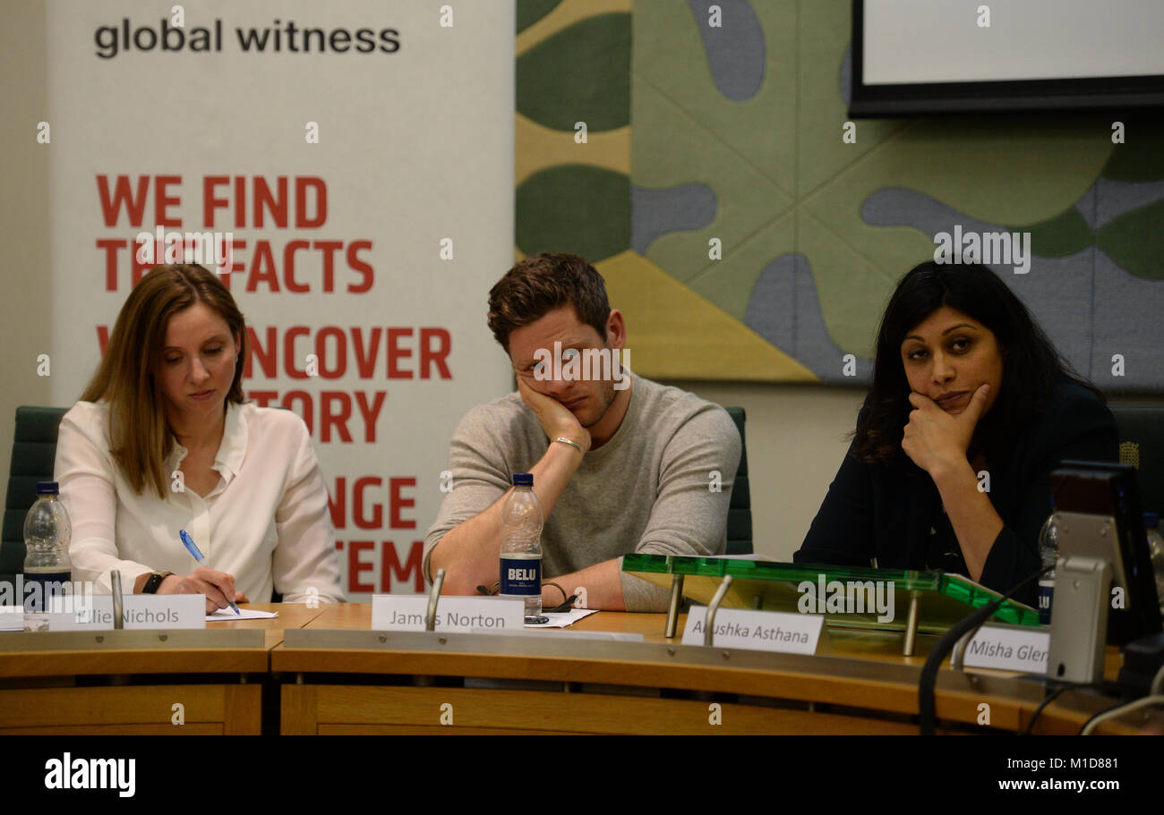 Global Witness campaigns leader Ellie Nichol, BBC McMafia star James Norton and journalist Anushka Asthana at an event held by the anti-corruption NGO at Portcullis House in Westminster, London, where new data analysis was launched detailing the number of anonymously owned properties in the UK. Stock Photo