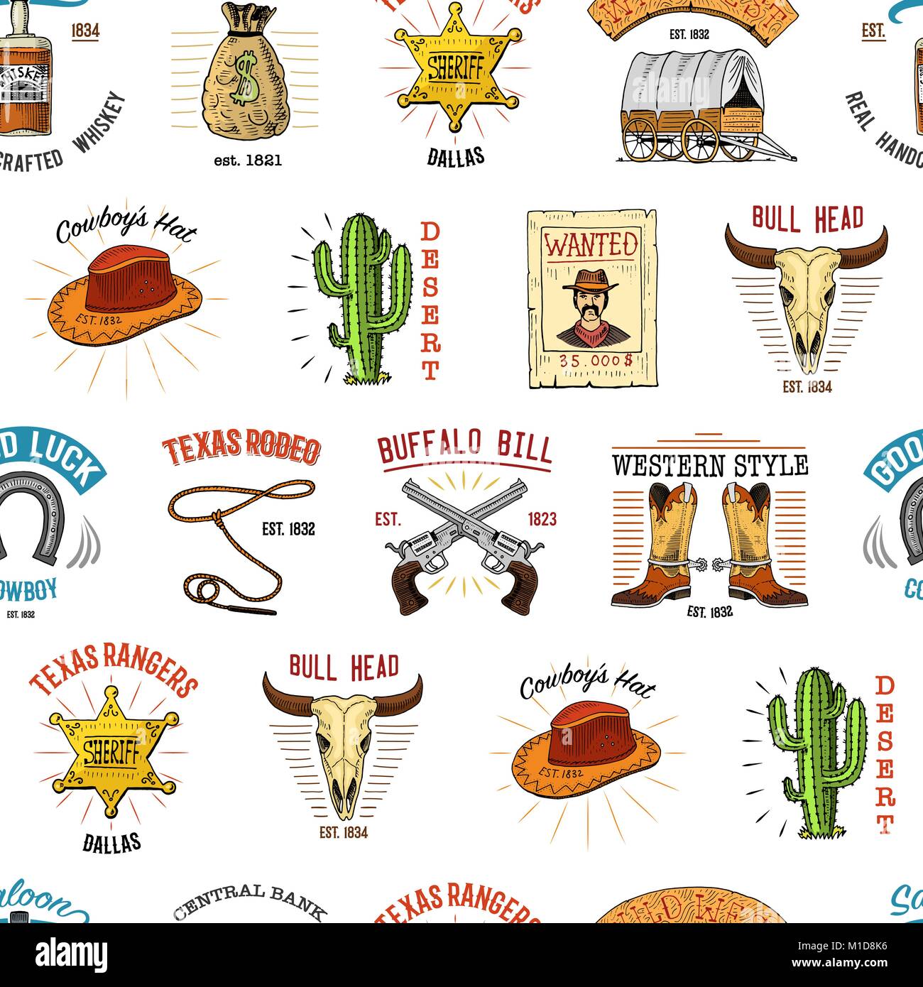 Cowboy seamless pattern. Wild west, rodeo or indians with lasso. hat ...