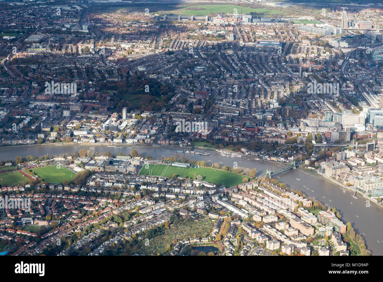 Aerial View of the River Thames and Barnes from the south Stock Photo