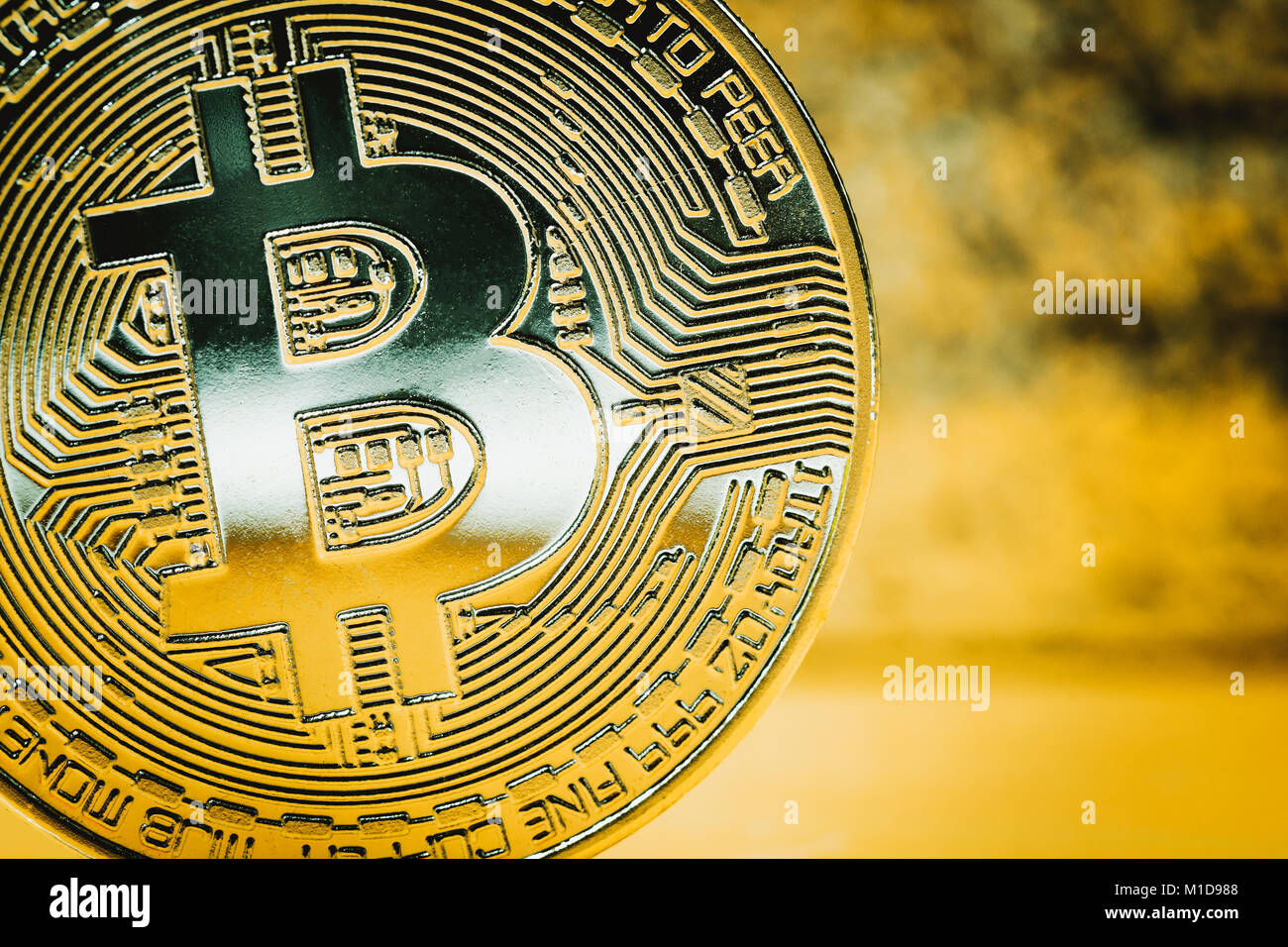 Golden bitcoin on a blurred background. Close up Stock Photo