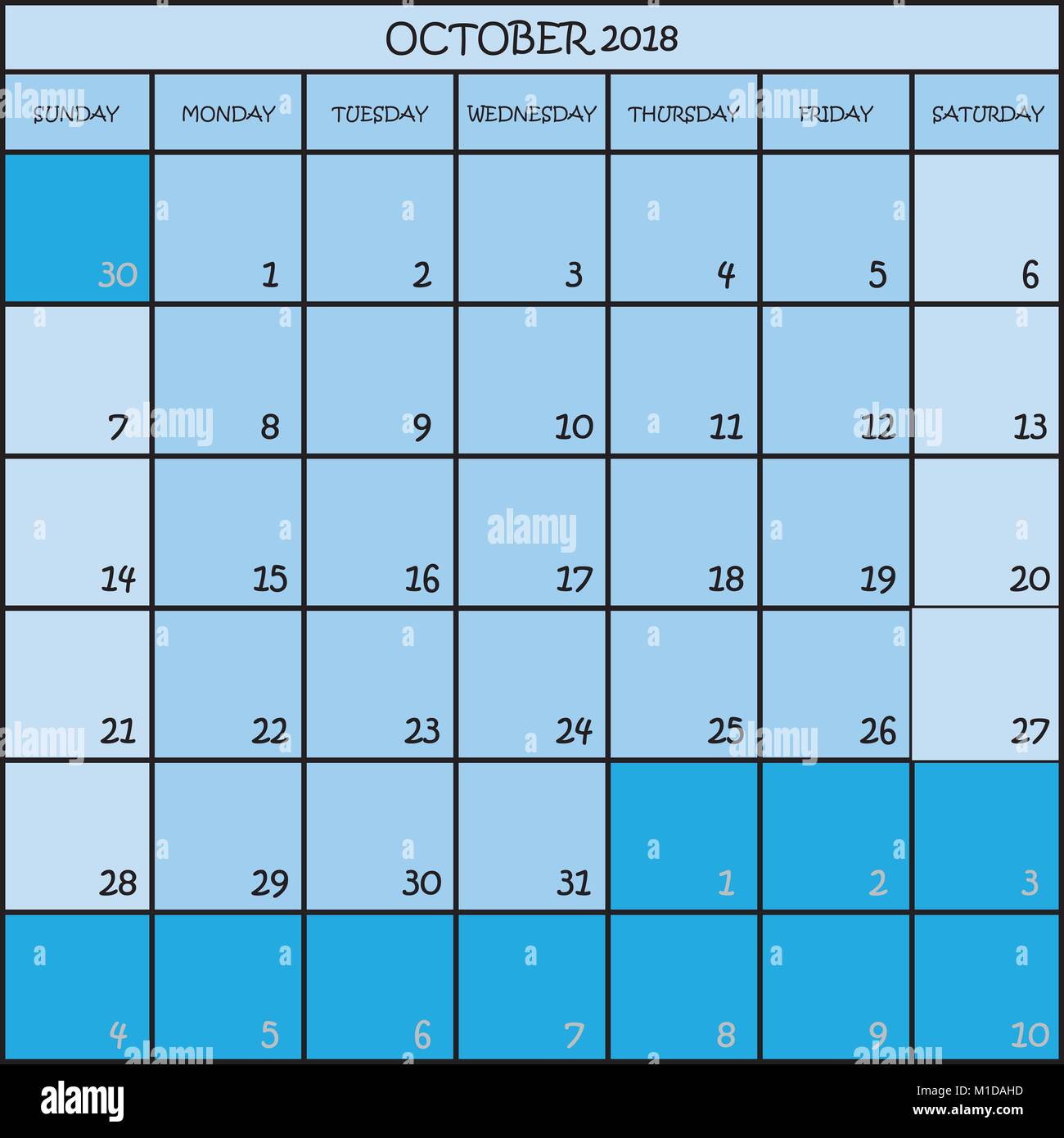 Calendar Planner October 2018 On Three Shades Of Blue Color Background