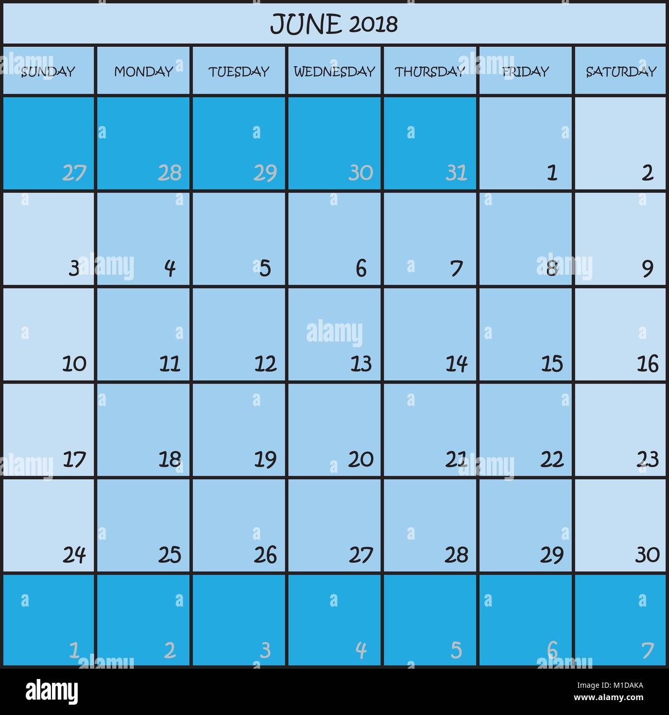 CALENDAR PLANNER MONTH JUNE 2018 ON THREE SHADES OF BLUE COLOR