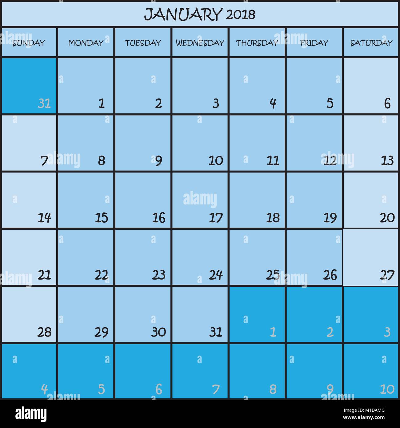CALENDAR PLANNER JANUARY 2018 ON THREE SHADES OF BLUE COLOR BACKGROUND
