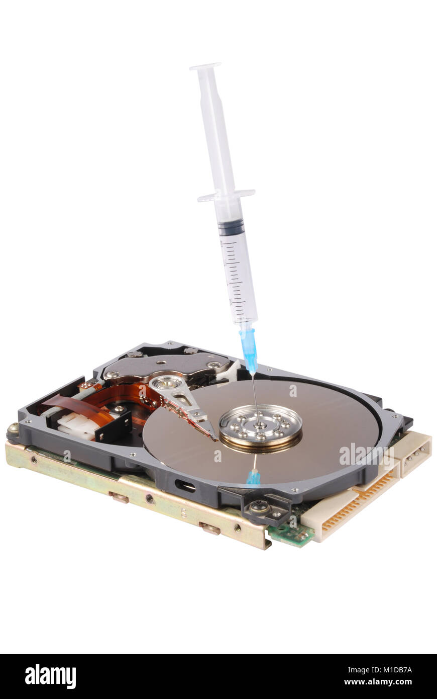 Destroying data from hard disk - conceptual photo. On white background Stock Photo