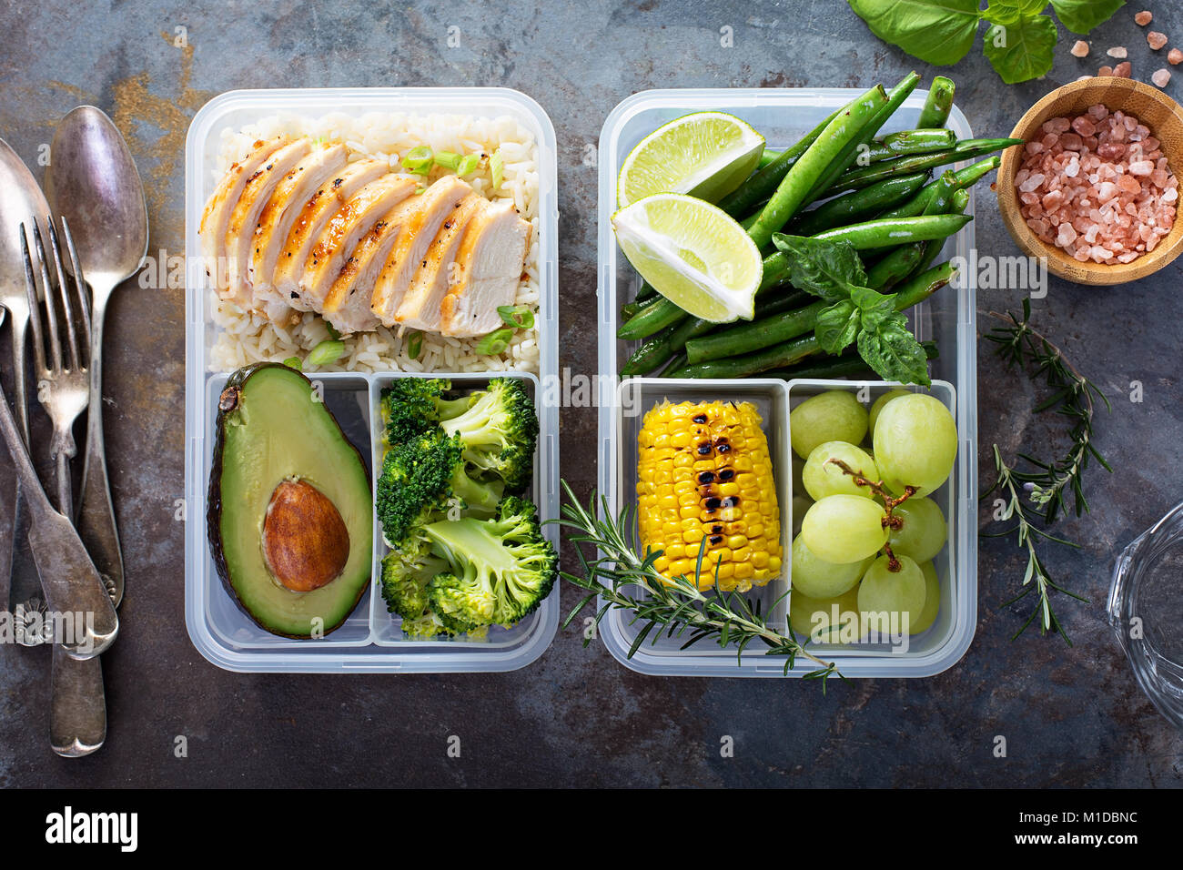 Healthy green meal prep containers with rice and vegetables Stock Photo ...