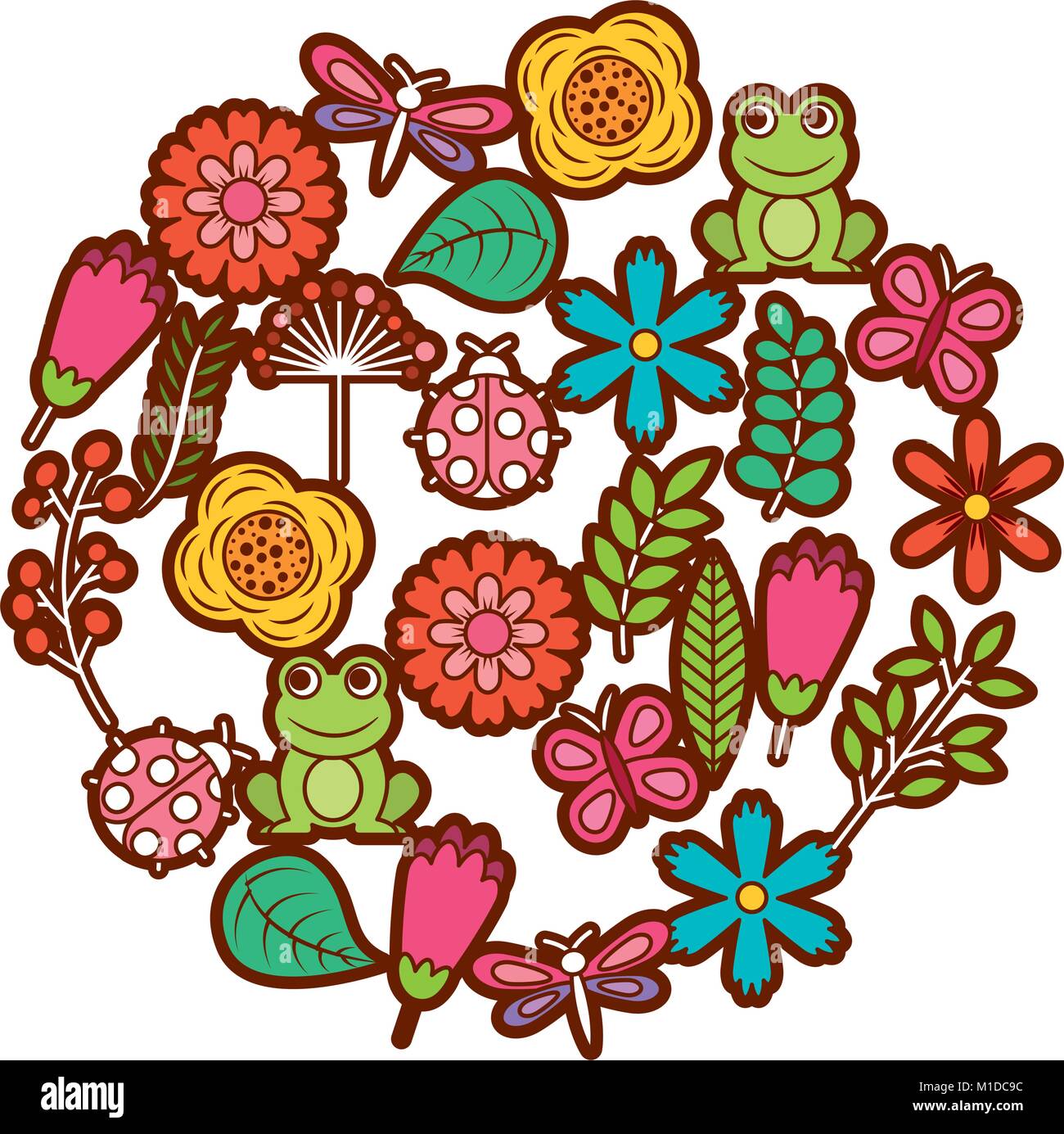 set of spring theme nature flowers love birds butterflies ladybugs frog dragonfly Stock Vector