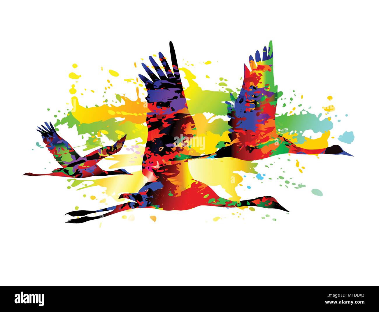 Colourful birds flying, cranes. Vector illustration Stock Vector