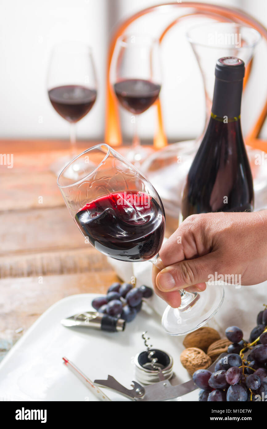 Professional red wine tasting event with high quality wine glasses and wine accessories close up