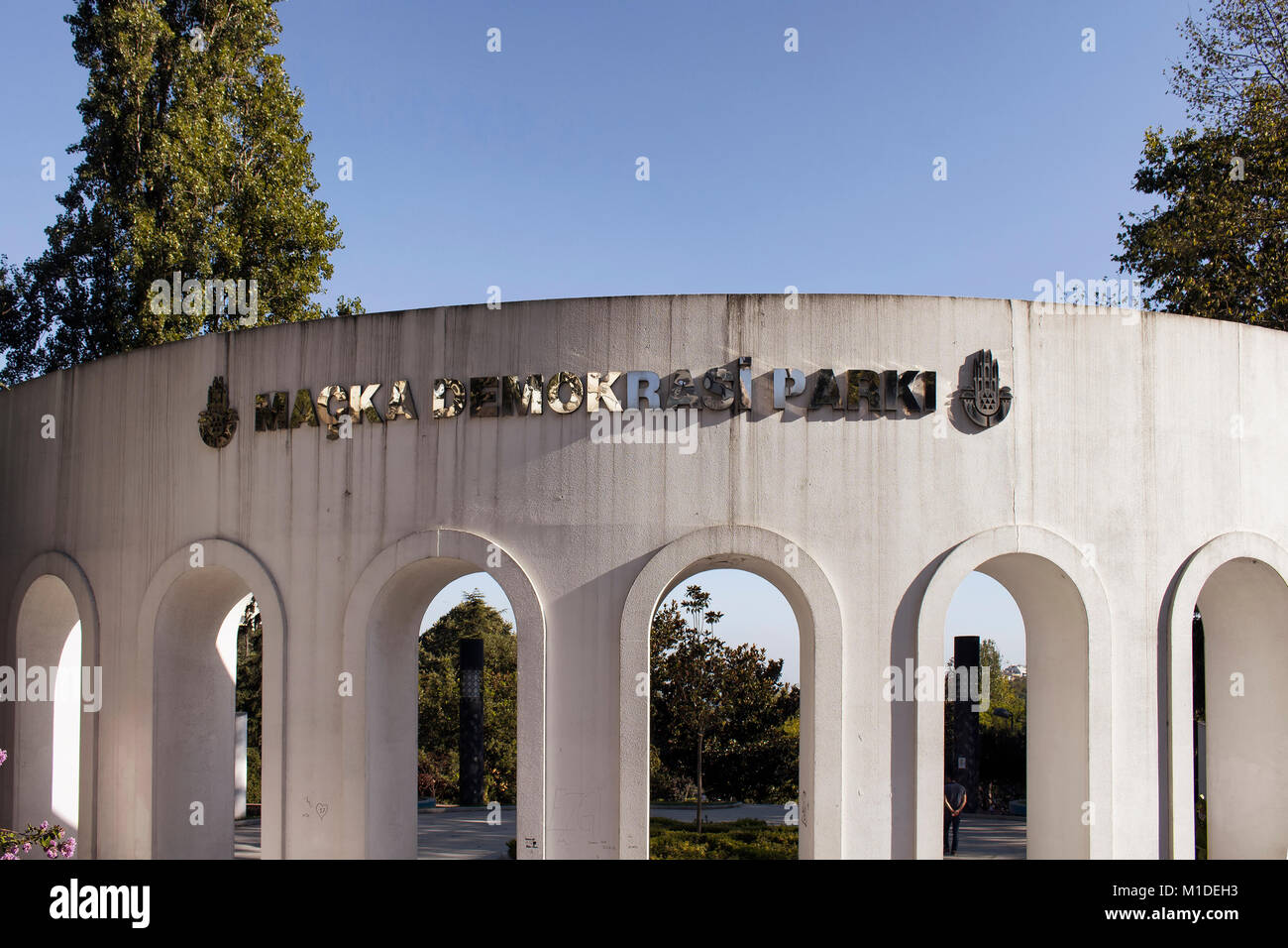 Signage of public park called "Macka Demokrasi Parki meaning Democracy Park" in Nisantasi / Istanbul Stock Photo