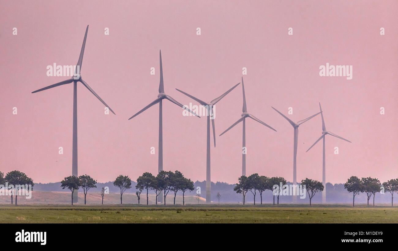 Row of wind turbines in open countryside with trees at orange sunset Stock Photo