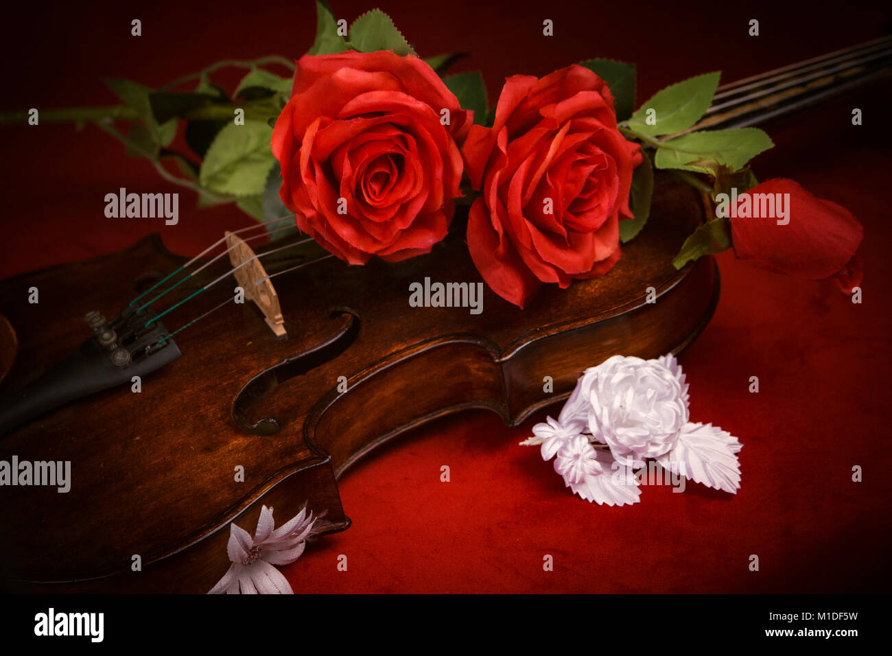 Red Roses And Violin Valentine violin with red roses on a dark red background Stock Photo ...