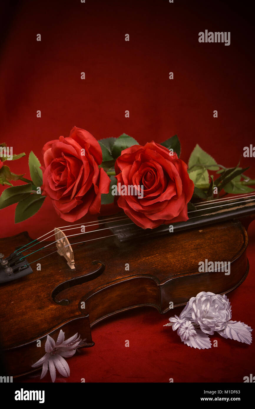 Red Roses And Violin Valentine violin with red roses on a dark red background Stock Photo ...