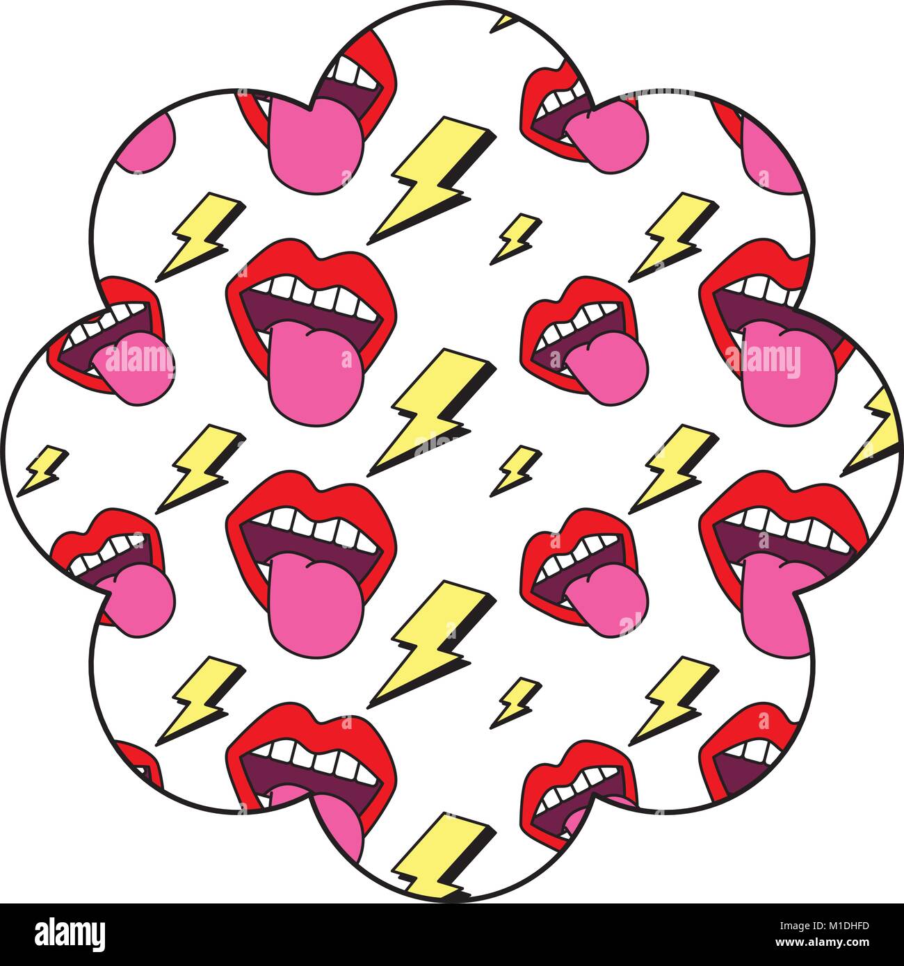 flower pattern shape label with mouth tongue out vintage vector