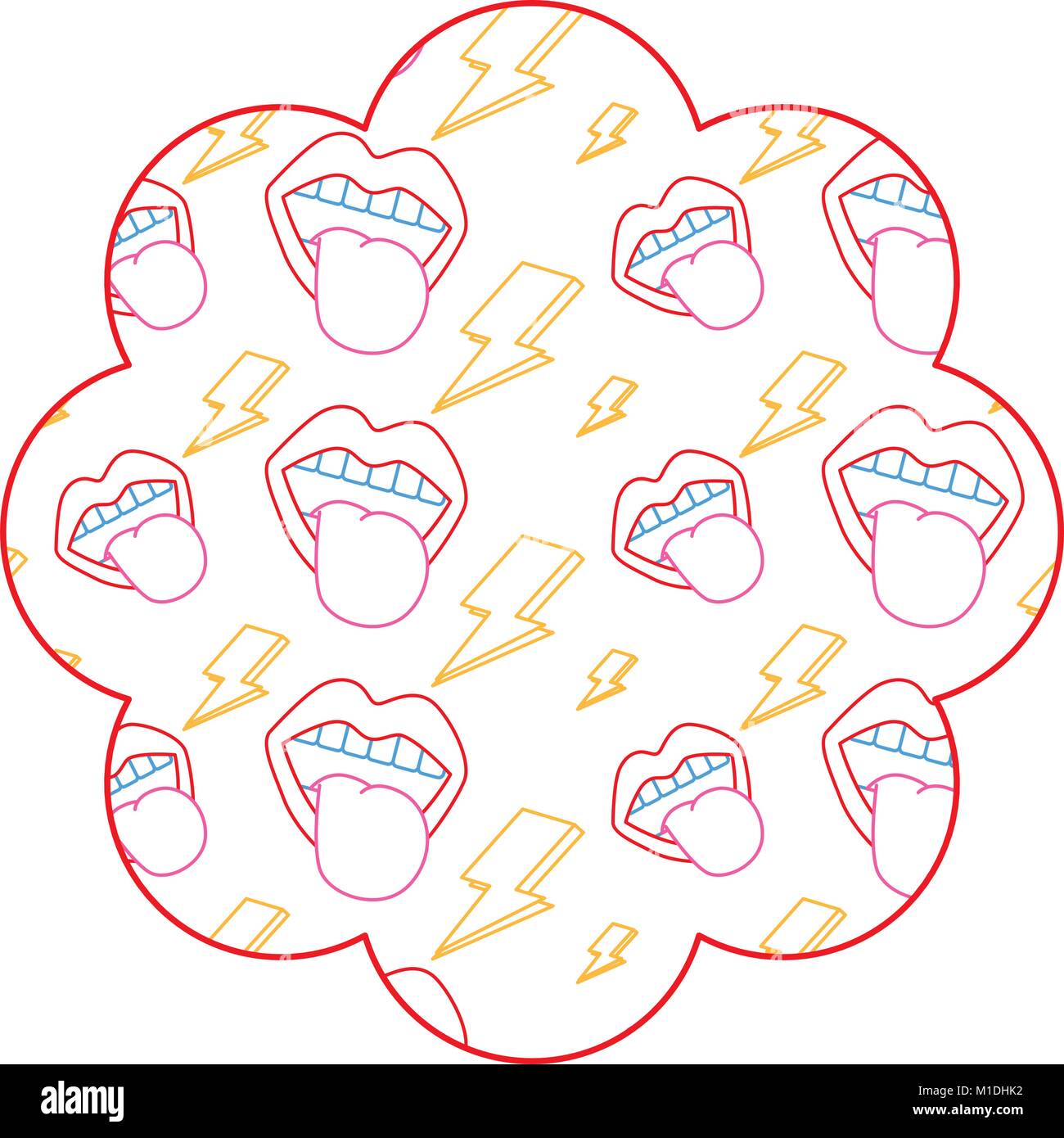flower pattern shape label with mouth tongue out vintage vector