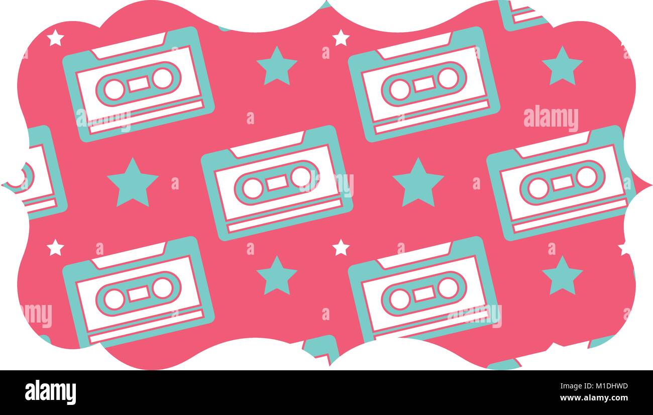 sticker retro cassette tape recorder music vector illustration pink ...