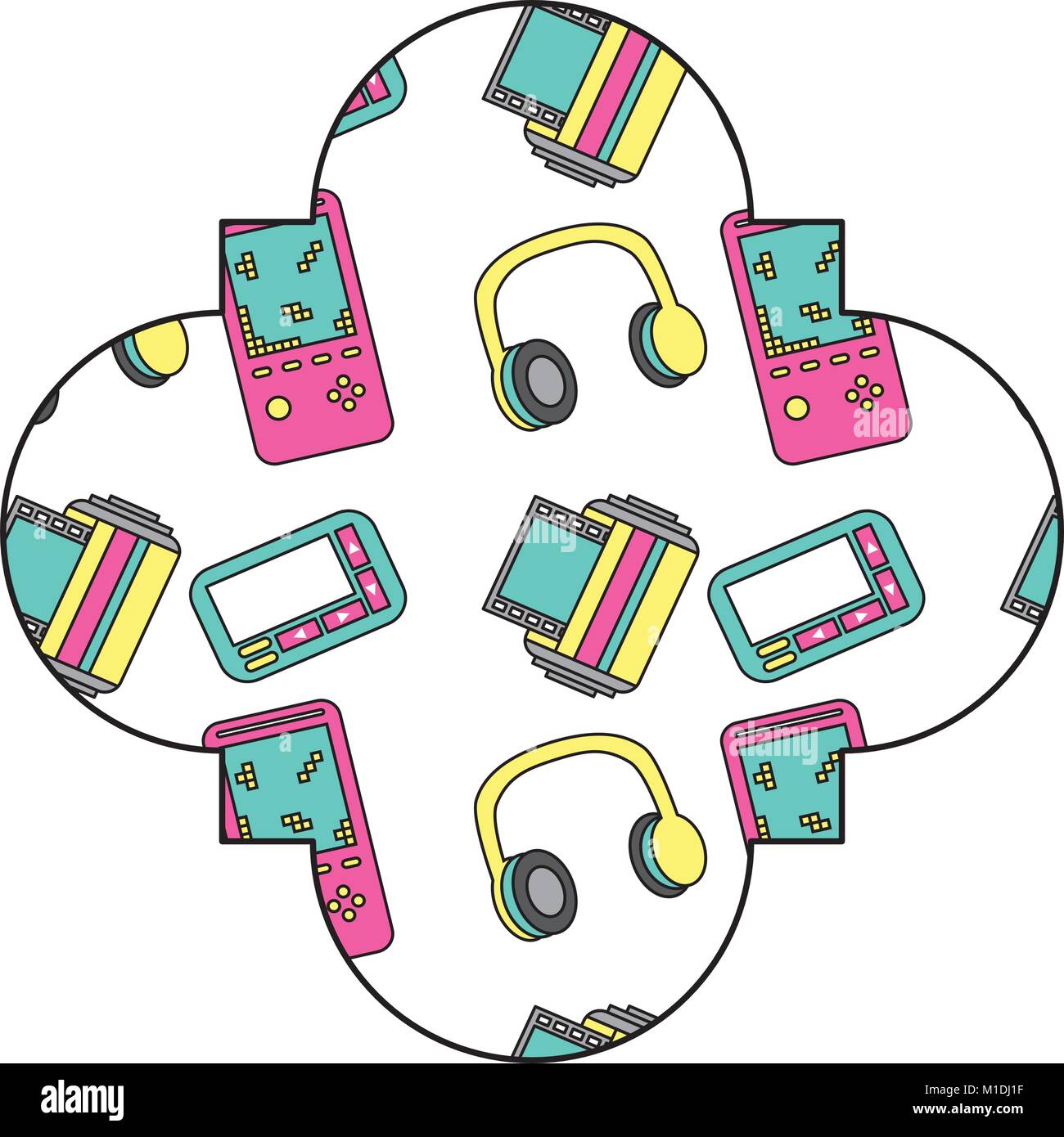 Label Vintage Retro Video Game And Headphones Vector Illustration Stock