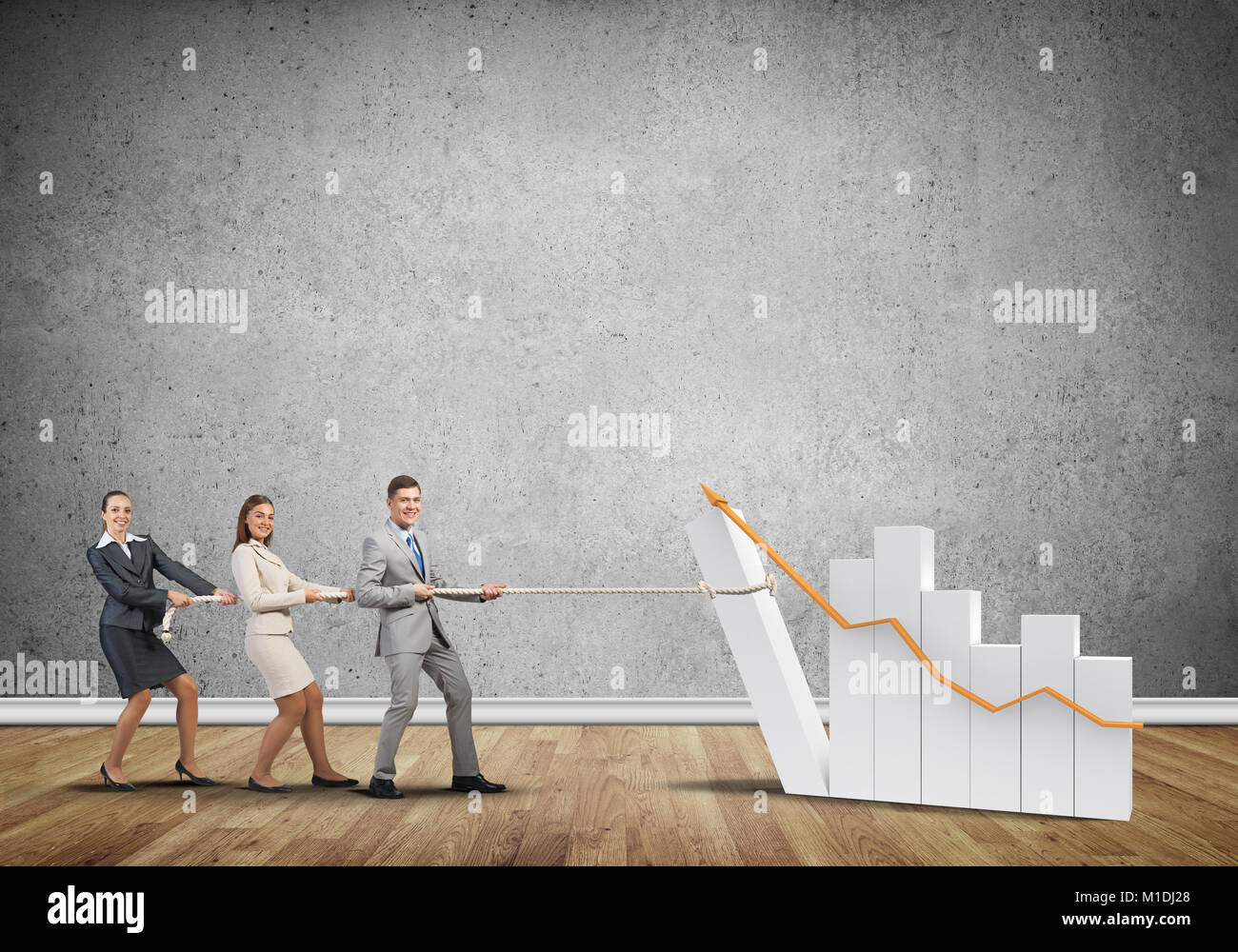 Businessteam working in collaboration pulling graph with rope as symbol ...