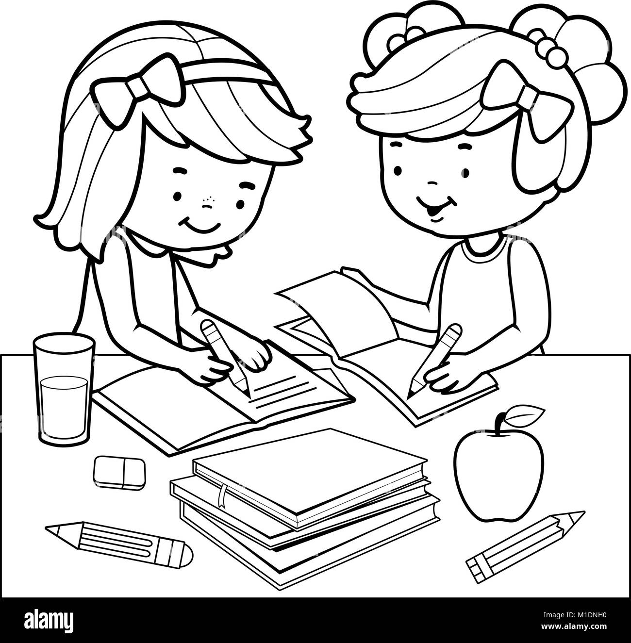 Students doing homework. Black and white coloring book page. Stock Vector