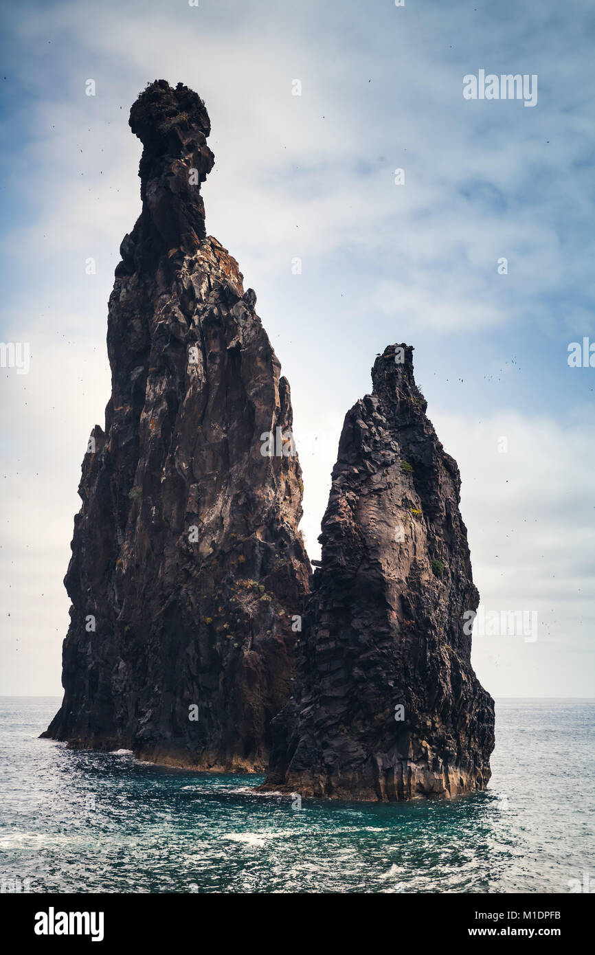 Tall rocky Islets of the Ribeira da Janela, natural landmarks of Madeira island, Portugal Stock Photo