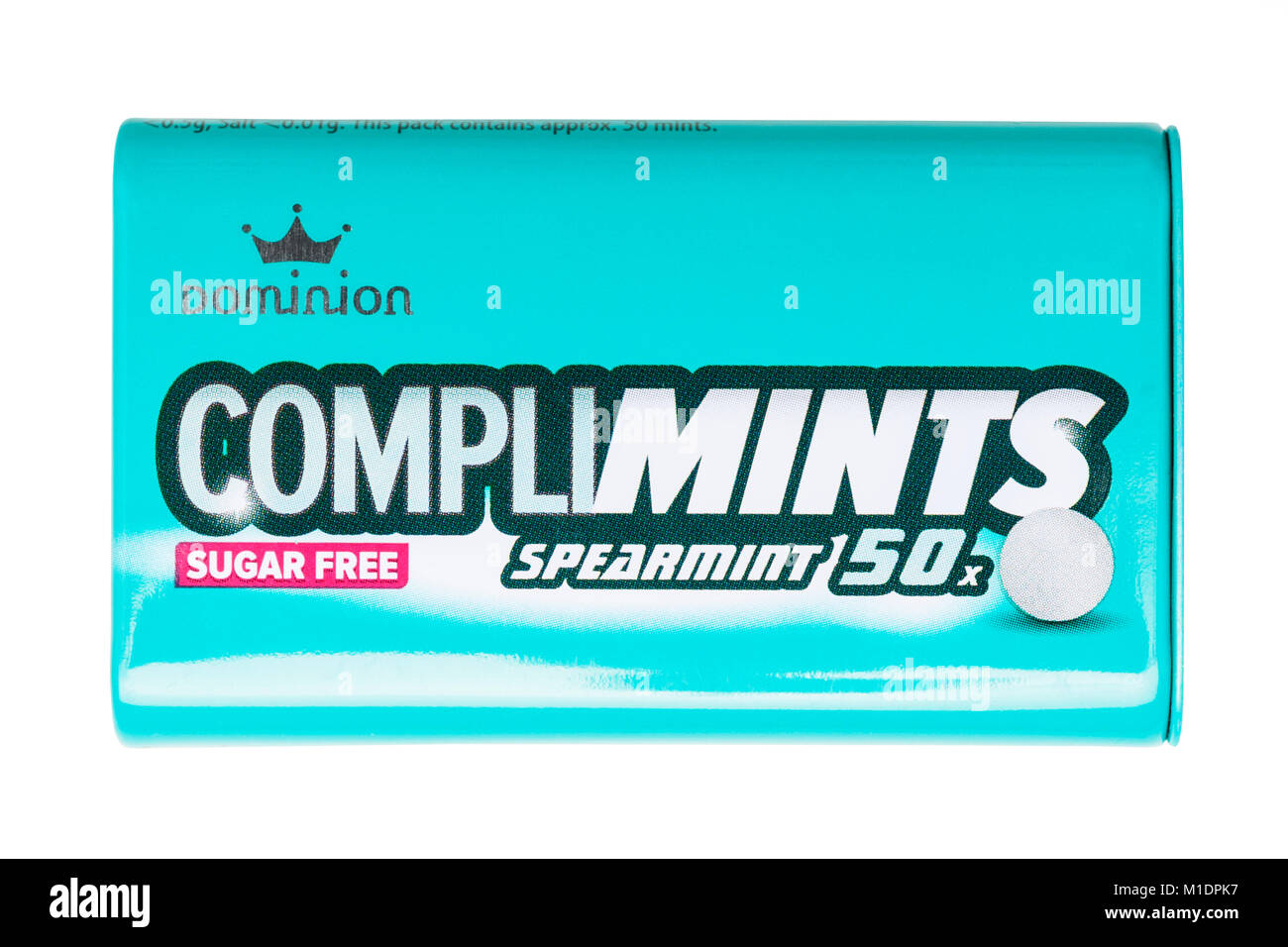 A packet of Dominion Complimints sugar free mints on a white background Stock Photo