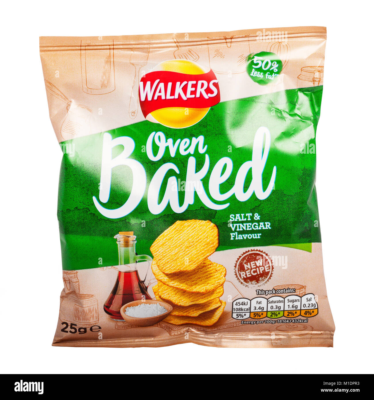 A packet of Walkers oven baked salt & vinegar flavour crisps with 50% less fat on a white background Stock Photo
