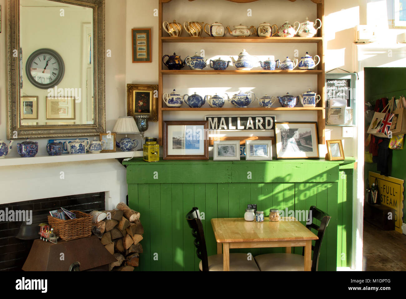 A display of old teapots decorates the Old Ticket Office's coffee shop