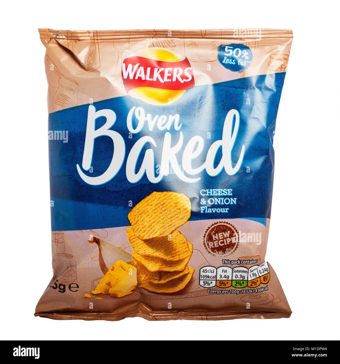 A packet of Walkers oven baked cheese & onion flavour crisps with 50% less fat on a white background Stock Photo